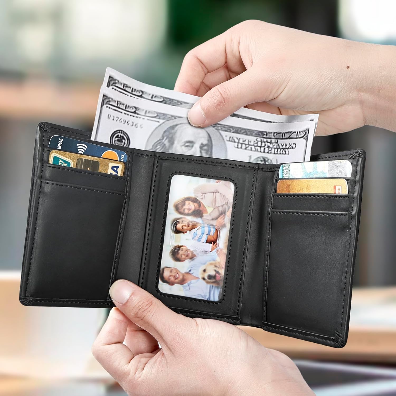 Trifold Wallet for Men, Leather Wallets with 8 Card Slot and 2 Money Pocket and 1 Clear Photo Slot + 1 Minimalist Leather Card Pocket with 6 Card Slot and 1 Transparent Windows Slot - Black - Image 3
