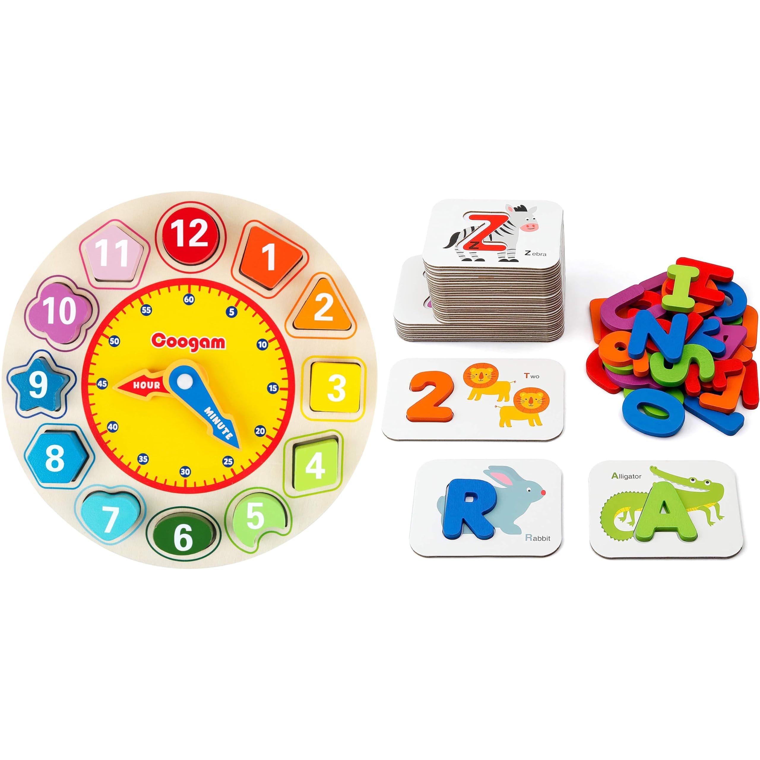 Coogam Wooden Shape Color Sorting Clock + Matching Puzzle Game Montessori Educational Learning Toys Gift for Preschool Kids Age 3 4 5 Years