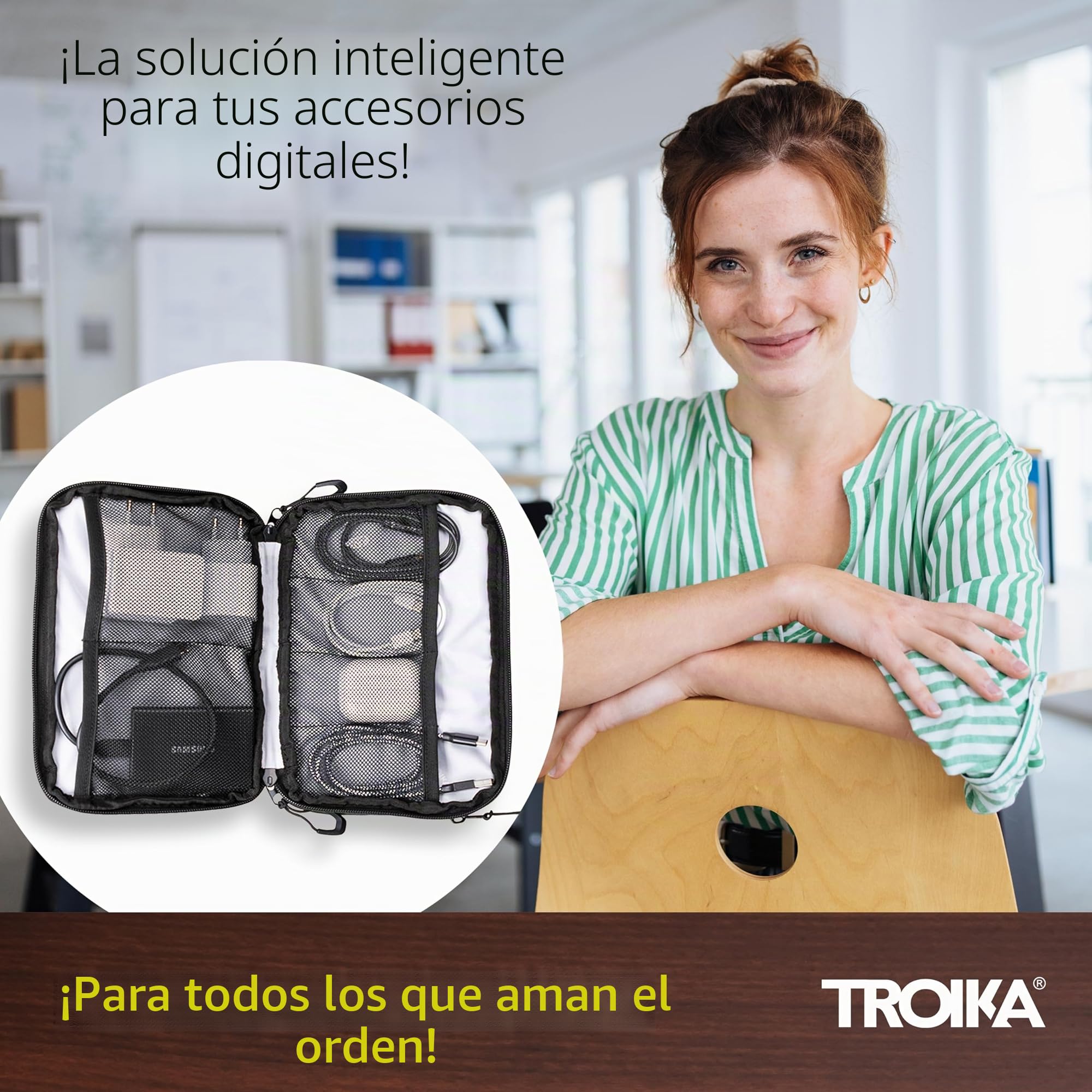 TROIKA Black Tech Pouch 2 - BBL64/BK - Bolsa organizadora de Cables para Accesorios electrónicos – 3 Compartimentos con Cremalleras hidrófugas, Tarpaulin (Iona) – Negro
