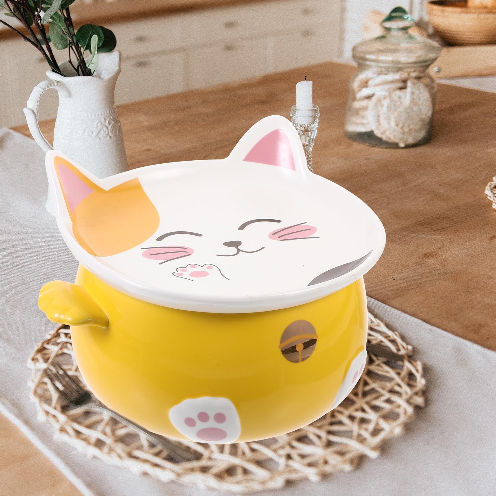 Tazón de Ramen de Gato de Cerámica Tapa, Multiusos para Sopa y Postre, Diseño Amarillo Borde Liso Adecuado para Uso en Casa