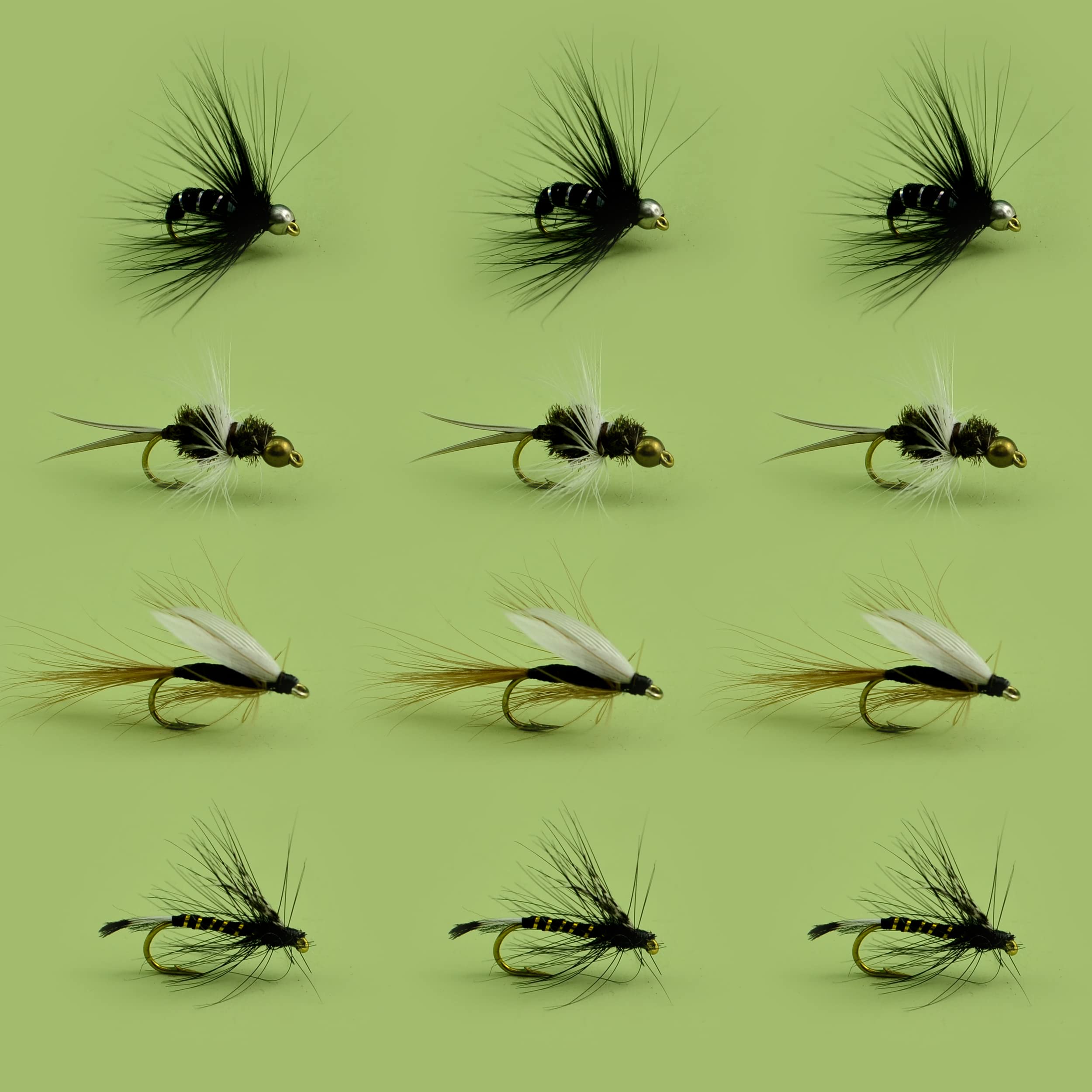 Kit de Pêche à la Mouche | Mouches Sèches et Humides | 12 Pièces (Buzzer Tête Perle)