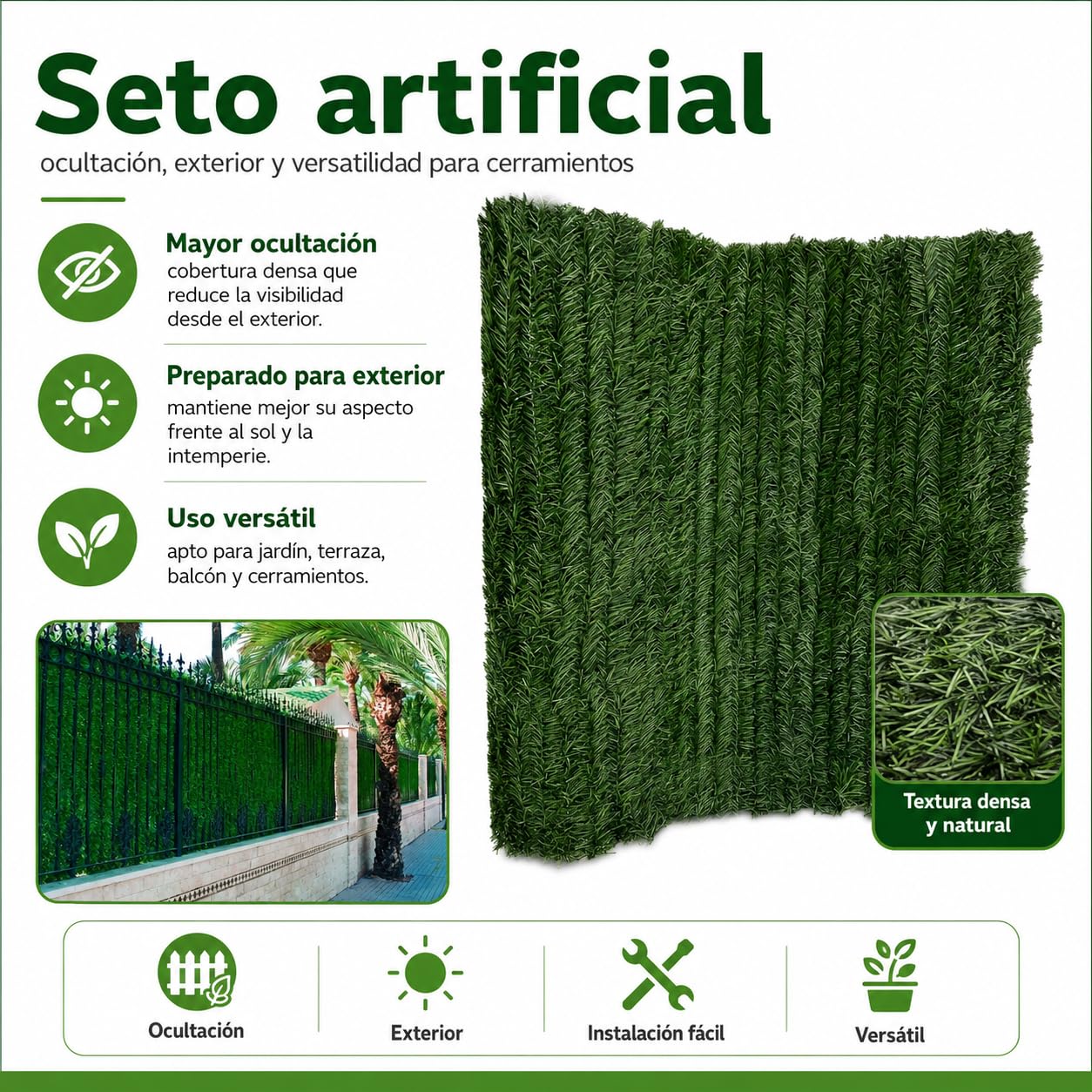 Seto Artificial Ocultación Jardín, Pack 2 Unidades de 1x3m, para Jardin o Terraza, Ocultación 90%, Seto Decorativo, Tratamiento UV, fijación con Alambre, Color Verde
