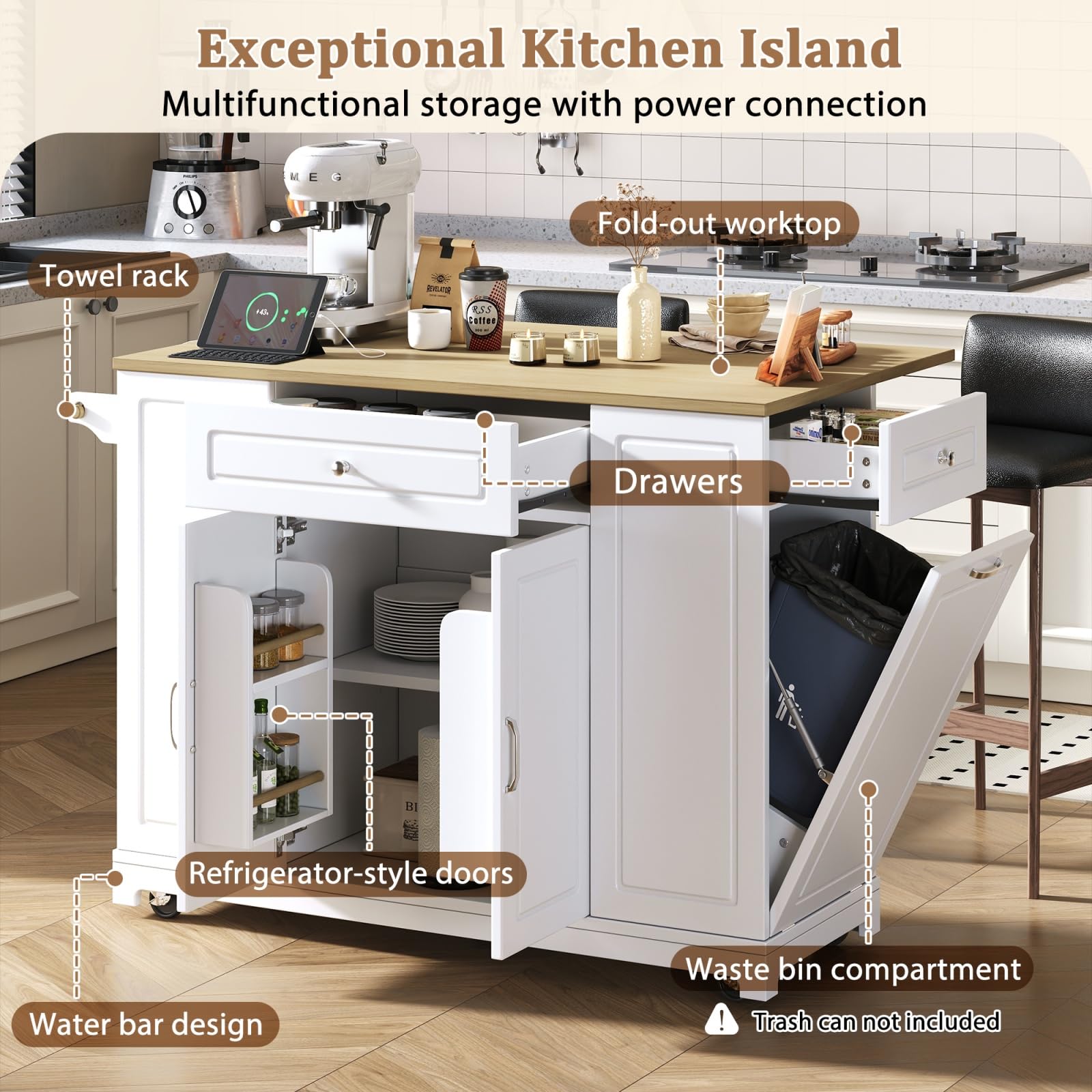 YEHTOKHOME Îlot de Cuisine avec 2 Prises et USB, Chariot de Cuisine avec Plan Rabattable, Poubelle Intégrée, 2 Tiroirs, 2 Portes, roulettes Freinables, pour Salle a Manger (C-Blanc)