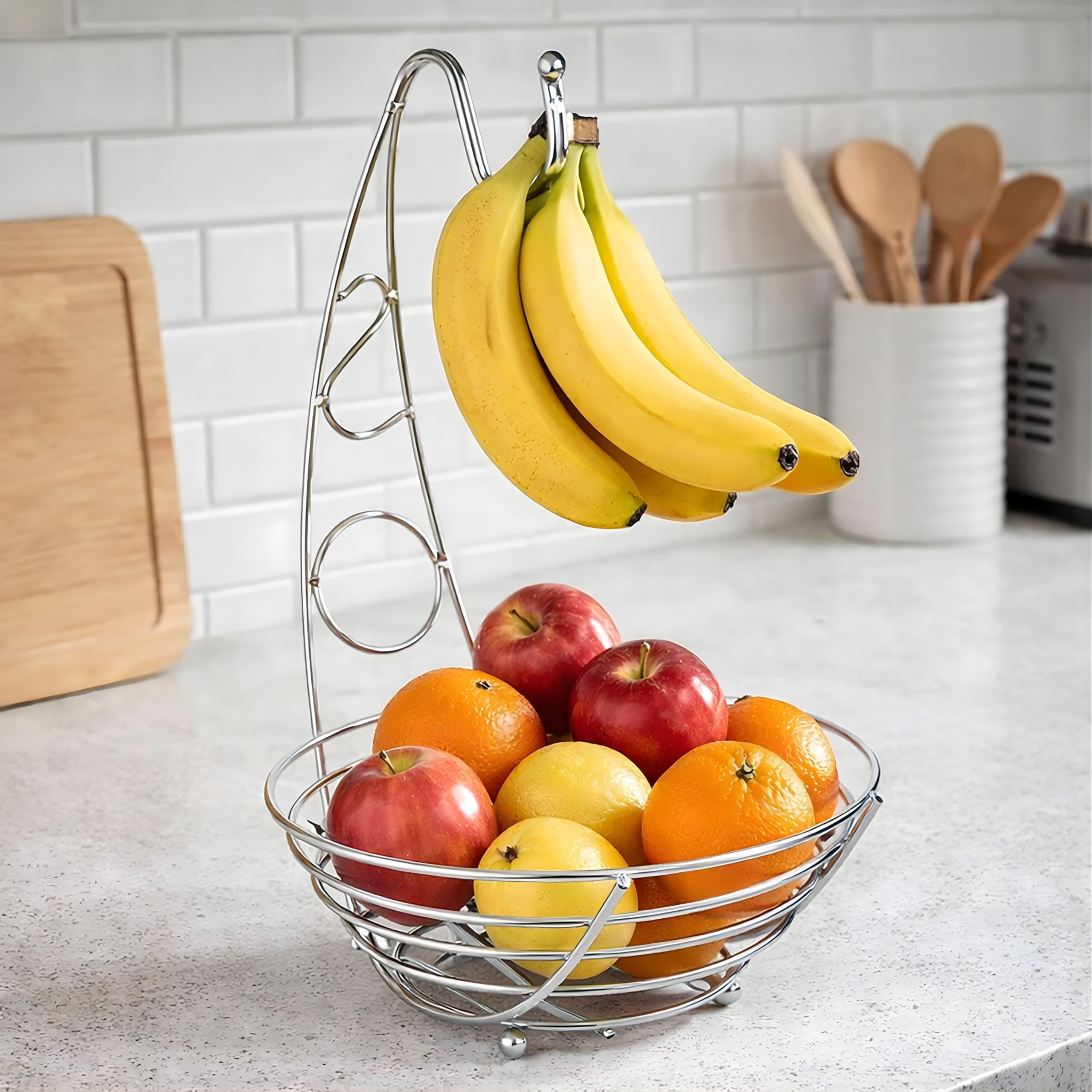 Garden Mile Chrome Fruit Bowl with Banana Hanger Metal Fruit Basket