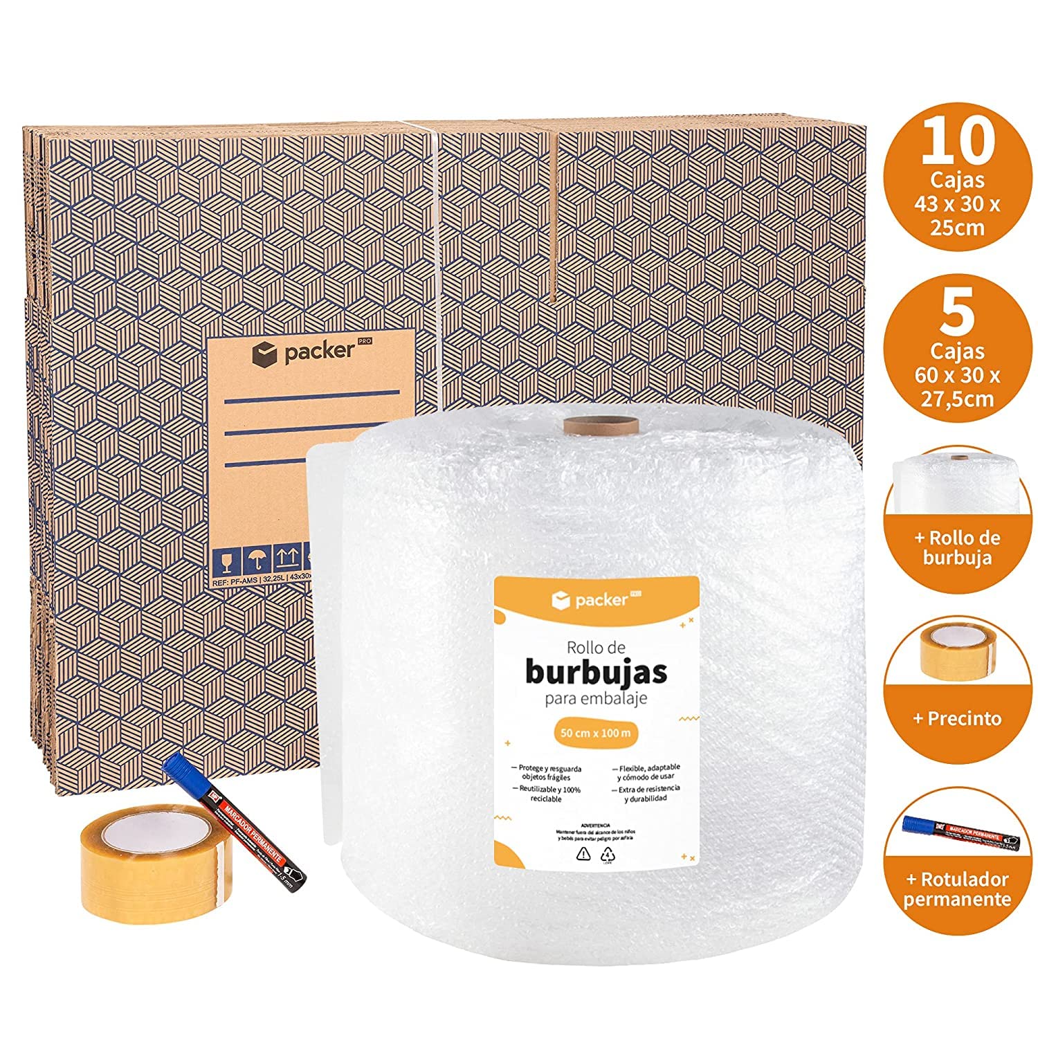 packer PRO Pack Mudanza con 5 Cajas Carton Mudanza 60x40x40cm, 10 Cajas Carton Mudanza 43x30x25cm, Cinta Adhesiva, Rollo de Burbujas para Embalaje, Rotulador Permanente