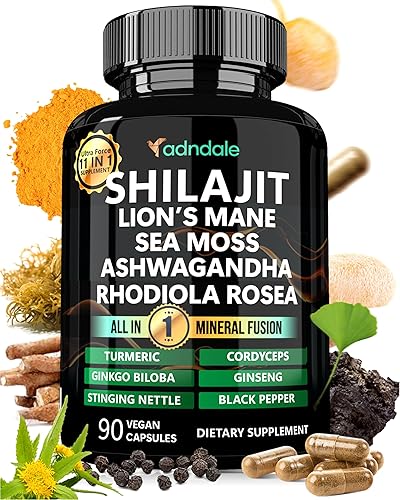 Adndale Shilajit Ultra Force 11 en 1. Shilajit orgánico puro del Himalaya para hombres y mujeres cápsulas con musgo marino Ashwagandha Rhodiola