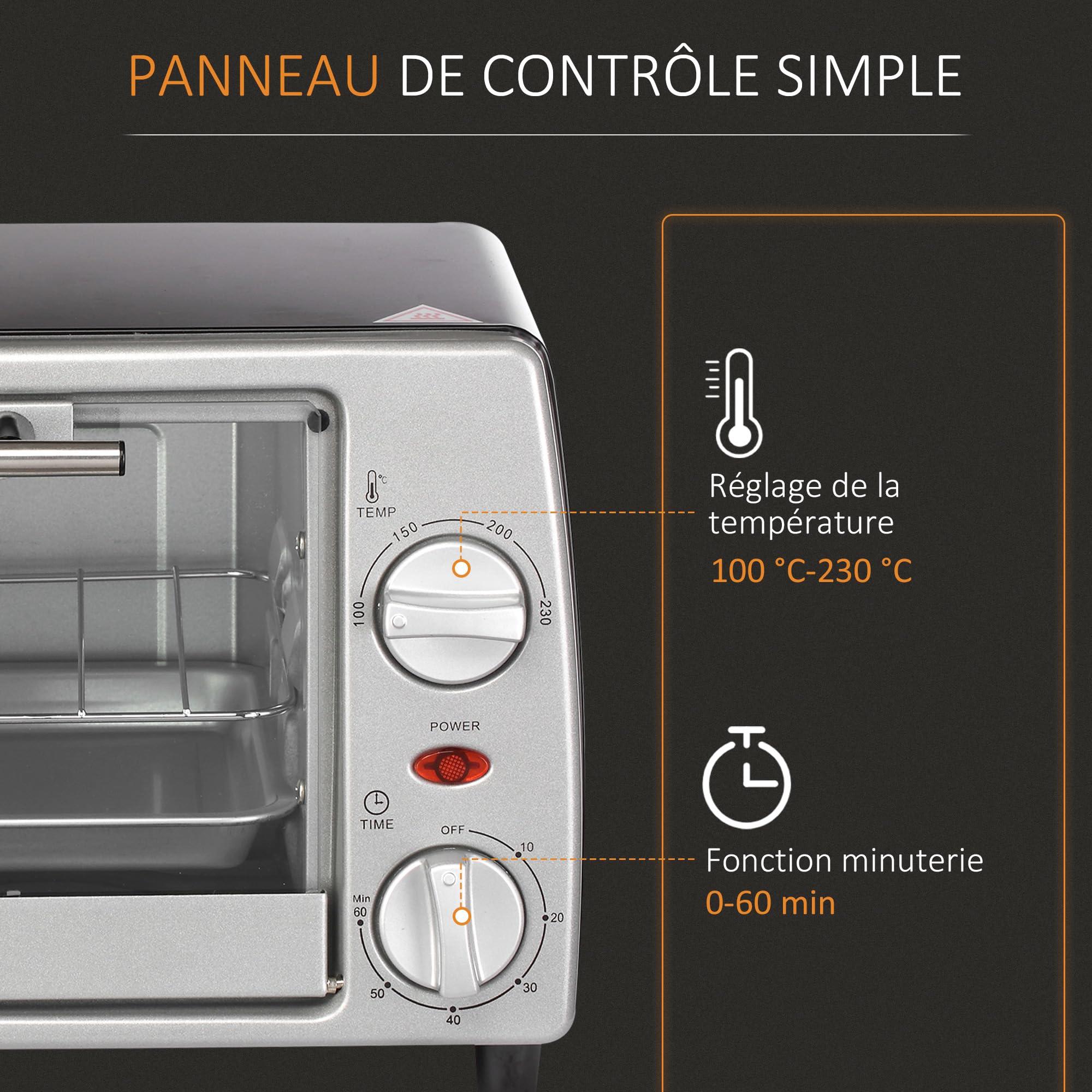 HOMCOM Mini four électrique 10L avec 1 grille et 1 plateau, température réglable de 100°C à 230°C, Minuteur 60 min, 36,5x26x22cm, argent
