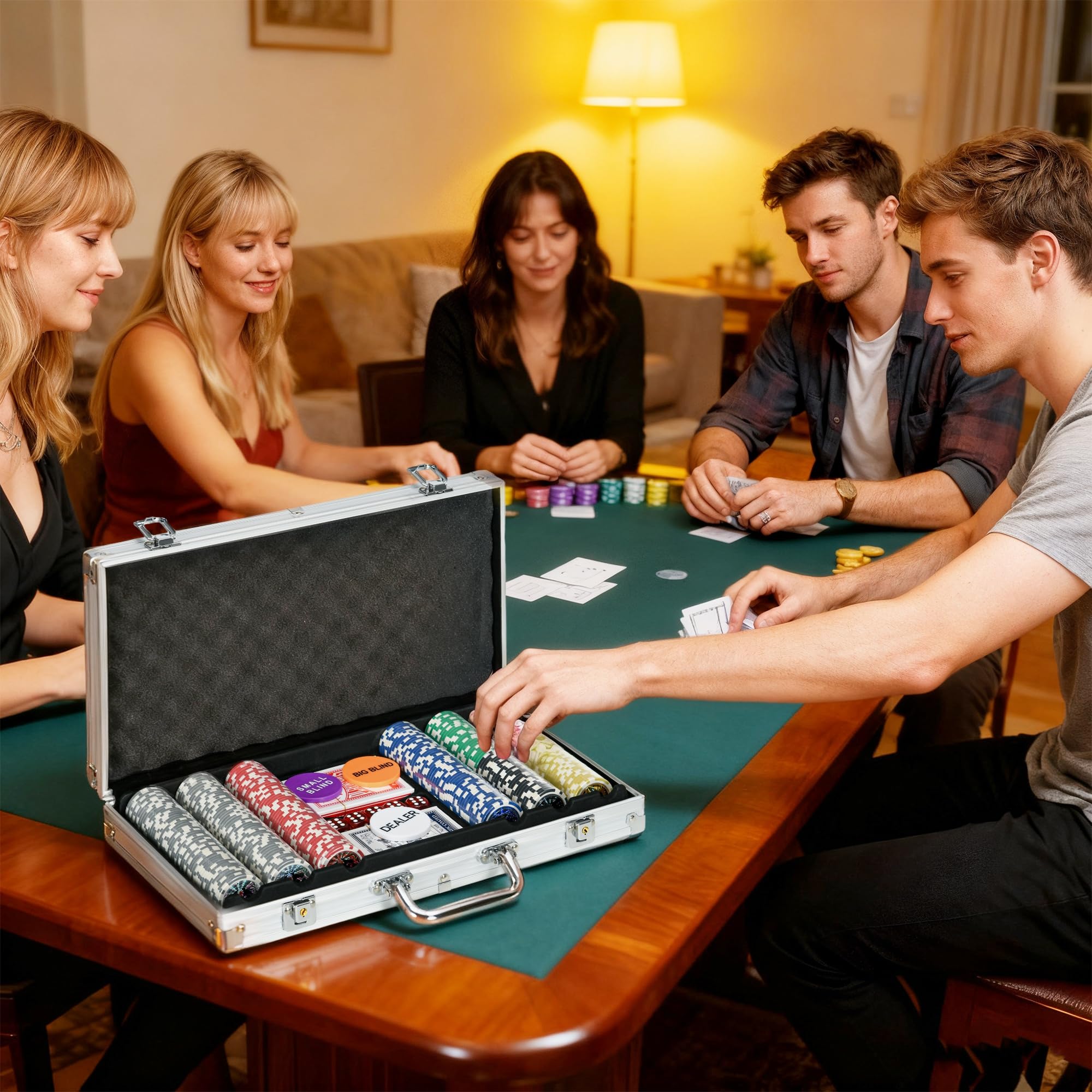 SPORTNOW Juego de Póker Profesional, Maletín de Póker de Aluminio con 300 Fichas de 11,5 g, 2 Barajas de Cartas, 5 Dados, Tapete y Botón de Crupier, para 7-8 Jugadores con Cerradura, Plateado