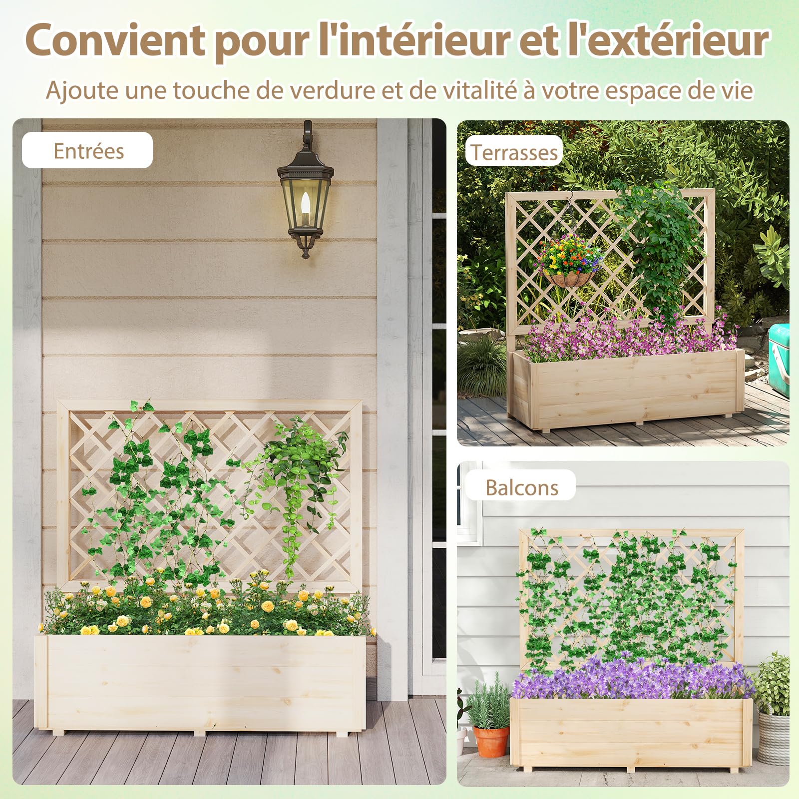 COSTWAY Jardinière Surélevée avec Treillis en Bois de Sapin avec Trou de Drainage, Bac à Fleurs pour Plante Grimpante Vigne, Lit de Jardin Intérieur/Extérieur, Naturel (98 x 35 x 101 cm)