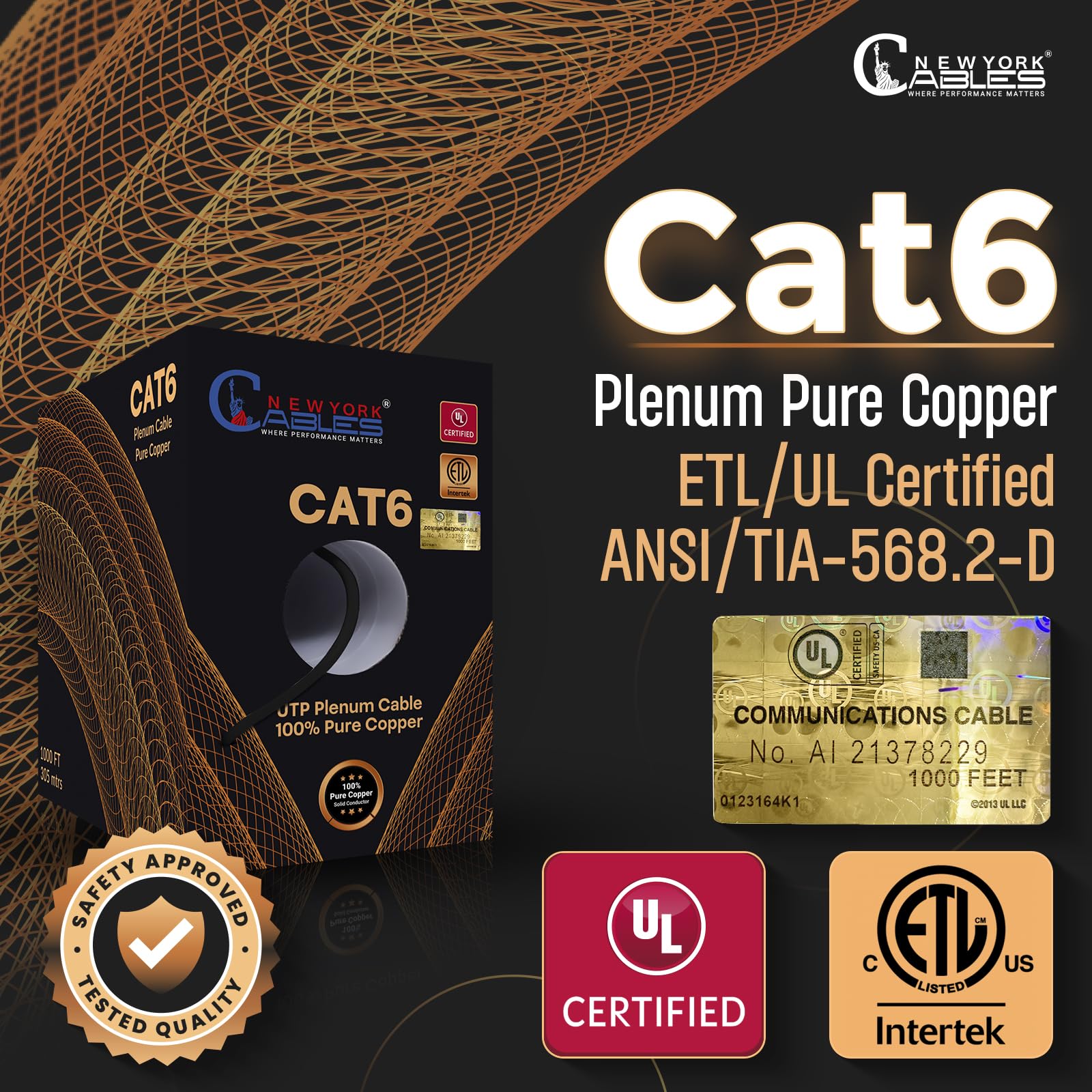 NewYork Cables Cavo Plenum CAT6 da 304,8 m, nero, certificato UL e ETL, 100% rame puro, UTP, 550 MHz, 23AWG, 4 paia da 10 GB, PoE++ | Cavo Ethernet Cat 6 ignifugo certificato Plenum