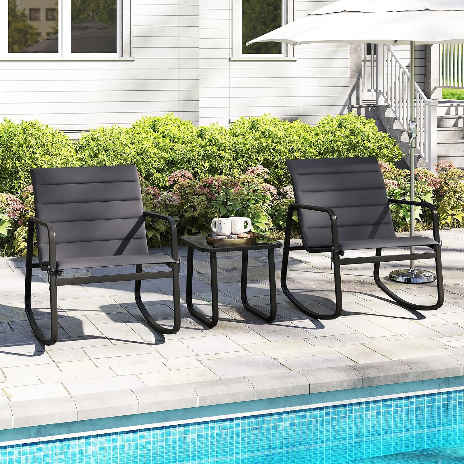 Tangkula 3 Piece Outdoor Rocking Bistro Set, Porch Rocker Chairs with Tempered Glass Table, Metal Frame & Soft Cushions, Patio Furniture Set, Outdoor Conversation Set for Balcony, Garden & Poolside