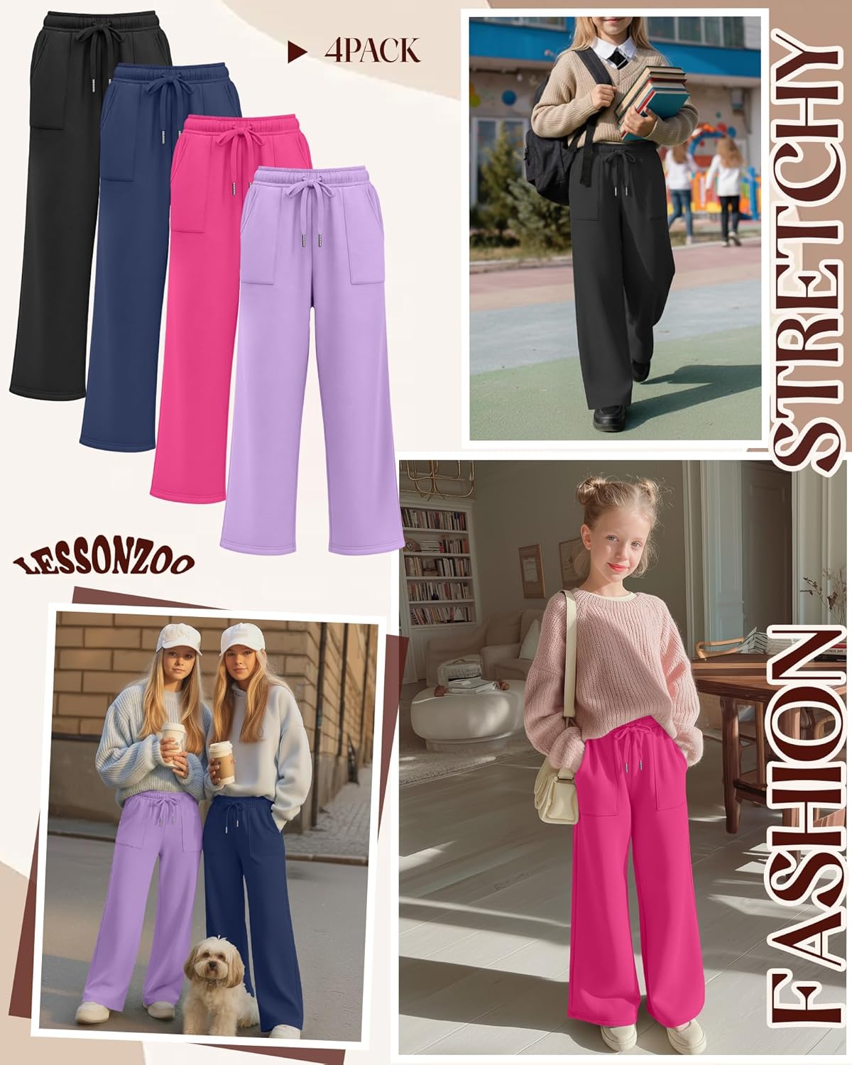 4 Pack Girls' Straight Leg Sweatpants, Kids Drawstring Casual Joggers Teen Loose Open Bottom Pants with Pockets - Image 4