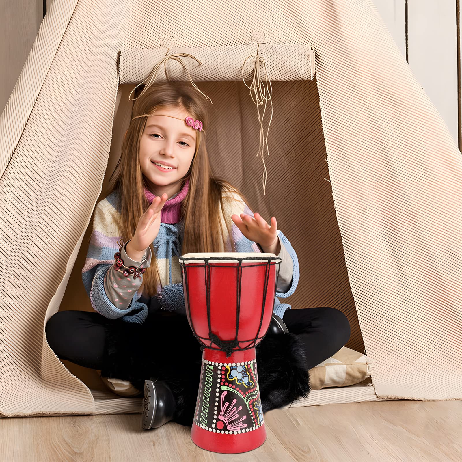 MUINS Djembe drum,6'' x 12'' African Hand Drum Carved Mahogany African Drums with Goatskin Drumhead for Kids and Adults Beginners (Red, 6 inch)