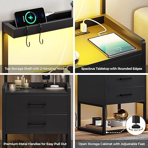 Miniatura 7 de VIAGDO Juego de 2 mesitas de noche con estación de carga, mesita de noche LED con 2 cajones, mesas de noche modernas negras con estantes de