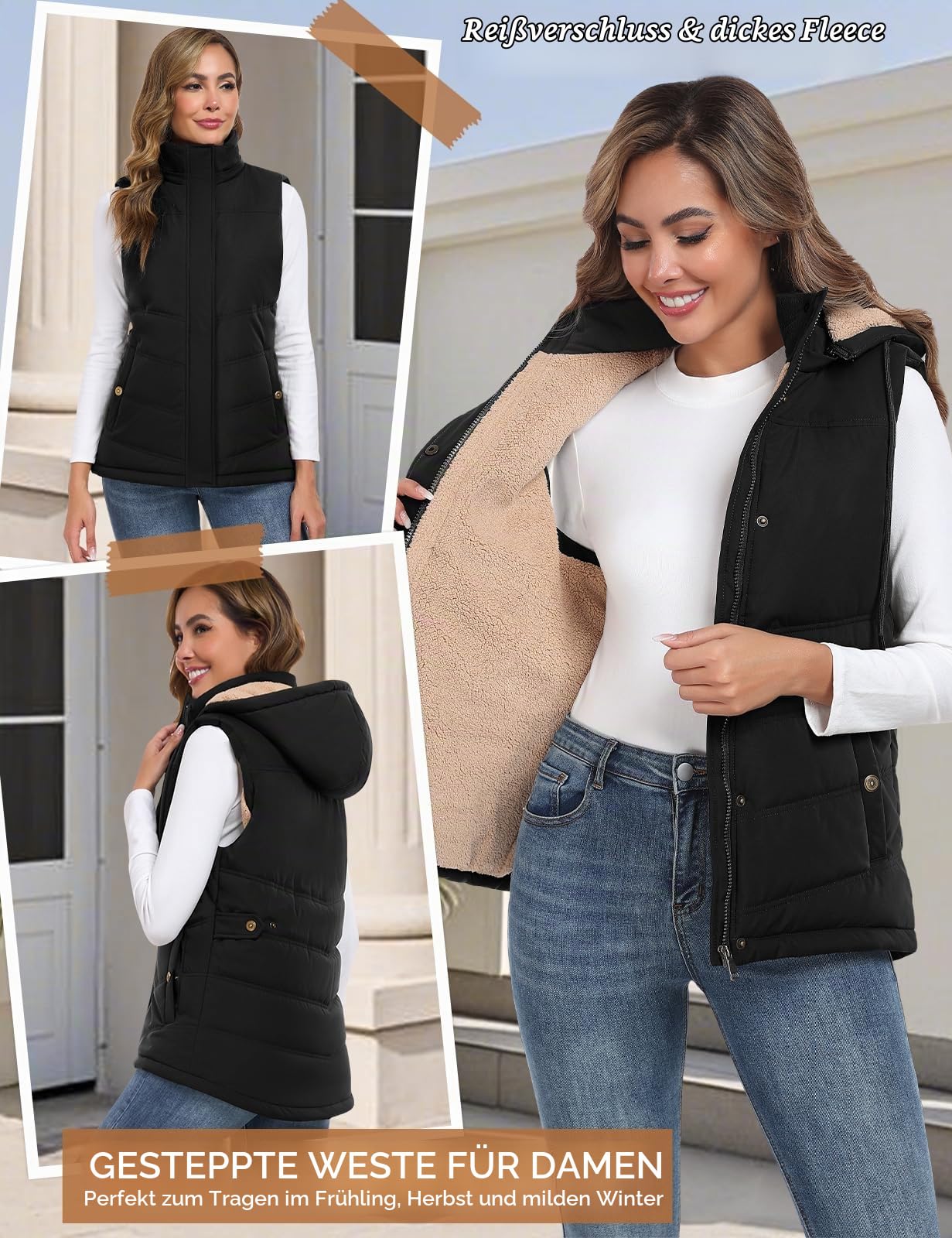 Tuopuda Damen Weste mit Abnehmbarer Kapuze Steppweste Fleece Gefüttert Fleeceweste Warme Winterjacke Ärmellos Jacke Thermo Stehkragen Vest Kapuzenweste Reißverschlüsse Herbst Winter