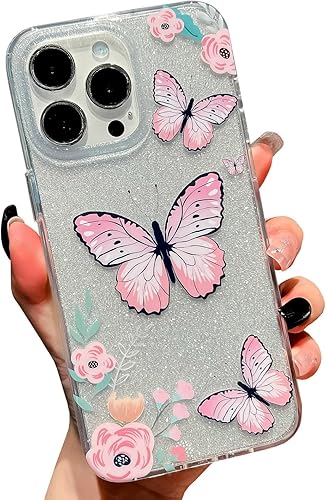 BANAILOA Funda compatible con iPhone 14 Pro Max con diseño de mariposas para mujer, diseño de flores con purpurina de lujo, funda protectora delgada