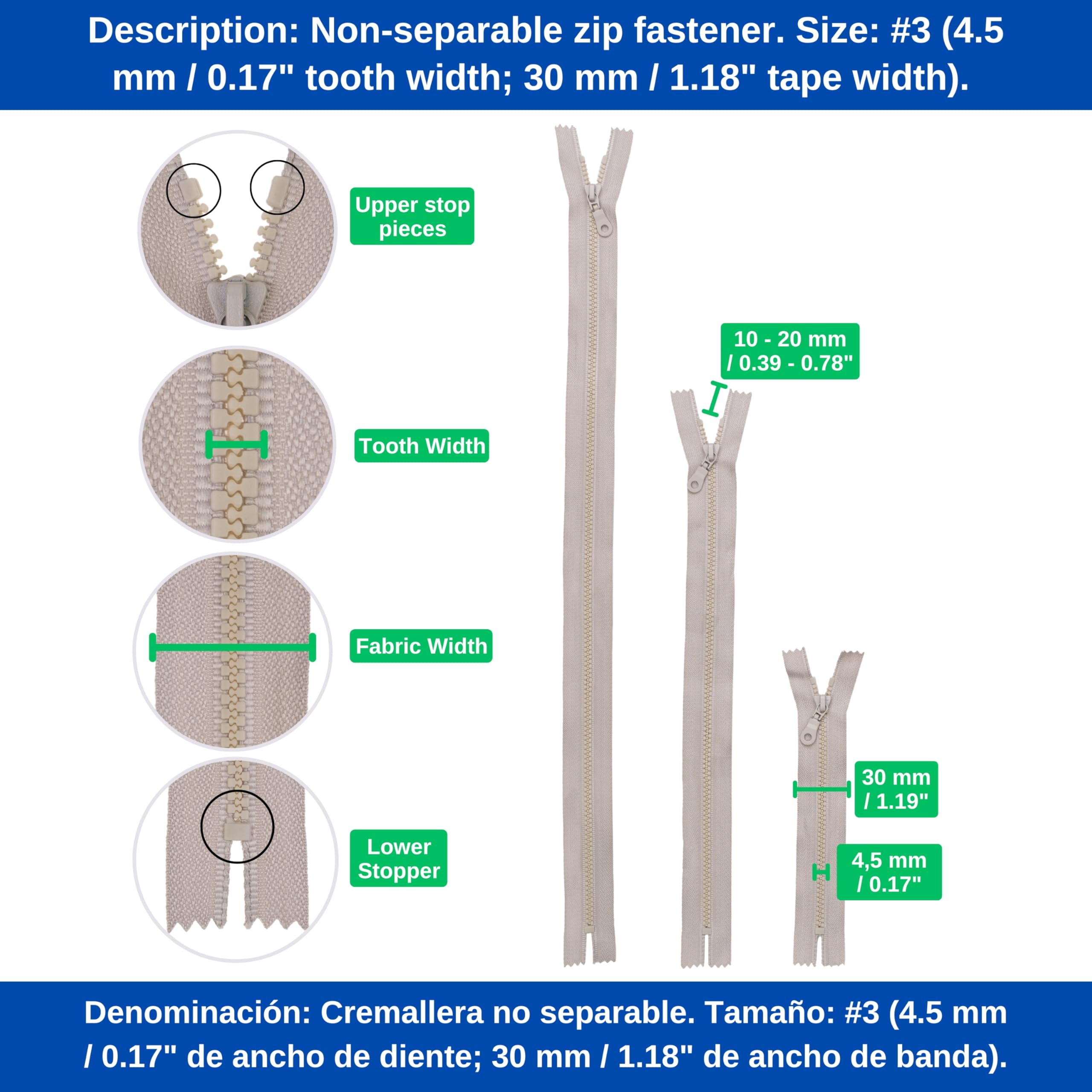 Fermeture Zip à Glissière Verte Longueur 18 Cm Couleur Vert Kaki Clair Non Separable Zip Nylon Largeur 32 Cm