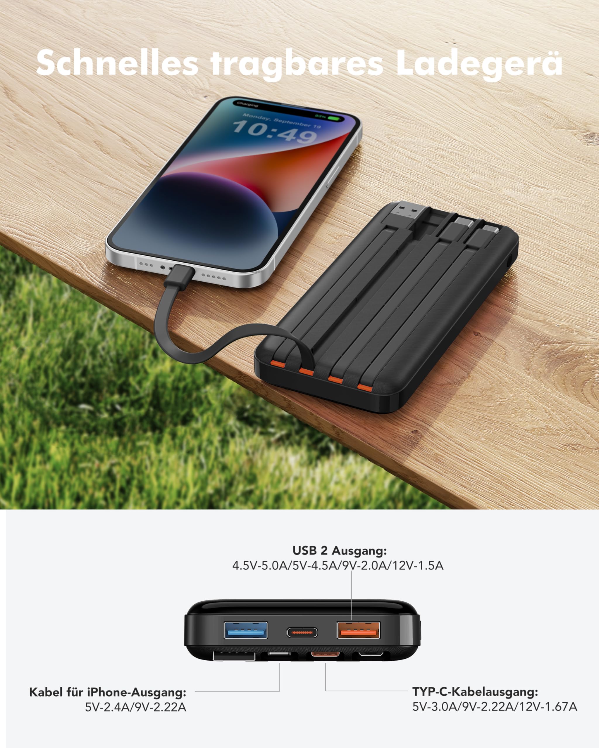 Charmast Power Bank, 22,5W Powerbank 20000mAh mit 4 Kabel und LED-Display, USB C PD3.0 QC4.0 Externe Handyakkus mit 6 Ausgängen Kompatibel mit iPhone 17 16 15 14 13 12 Pro Max Plus Samsung S24 Tablet