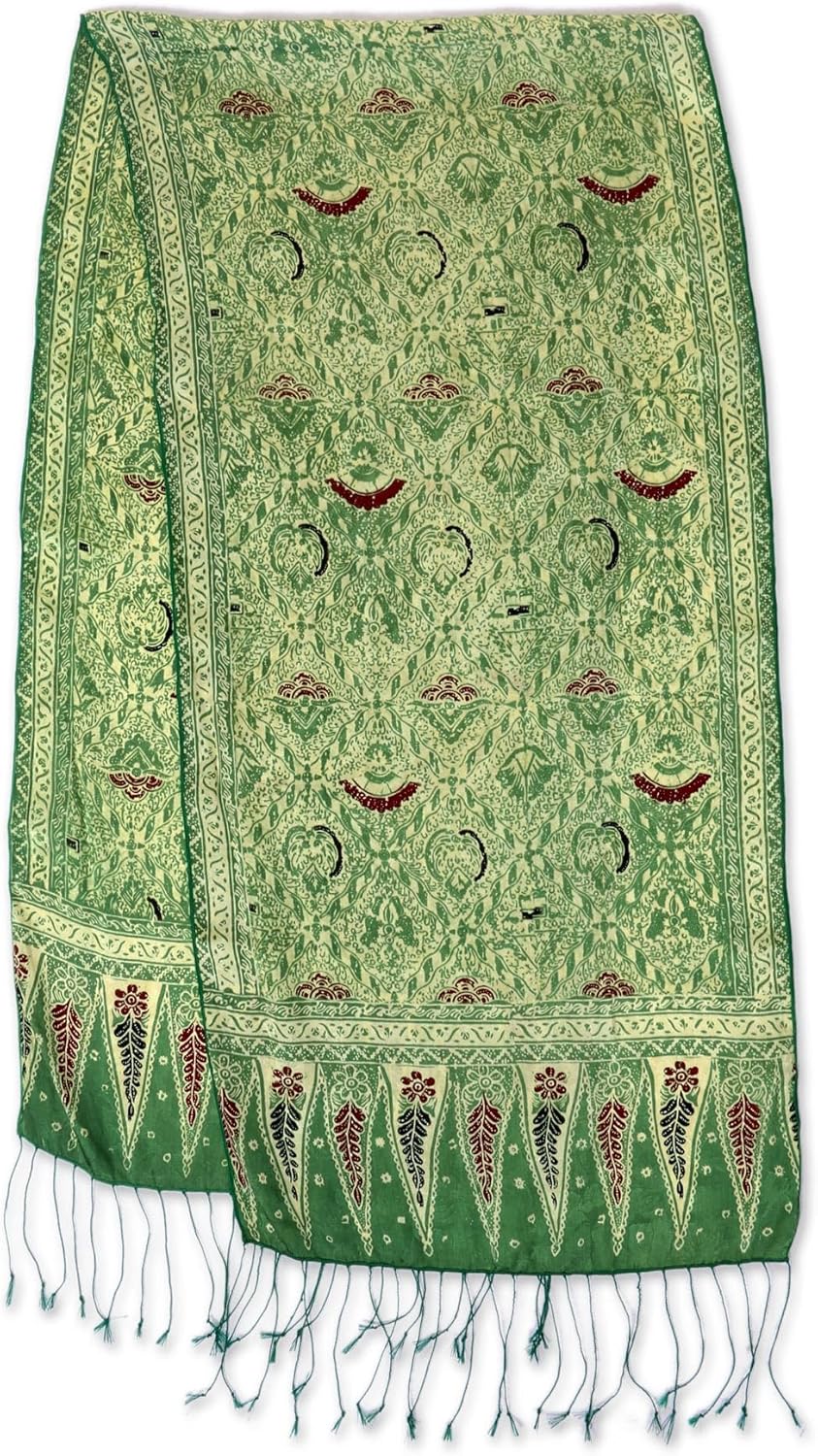 NOVICA Artisan Handmade Floral Green Silk Batik Scarf | Patterned Indonesian Accessories | Desert Sa | Royal Java Green | 57in L x 11.75in W