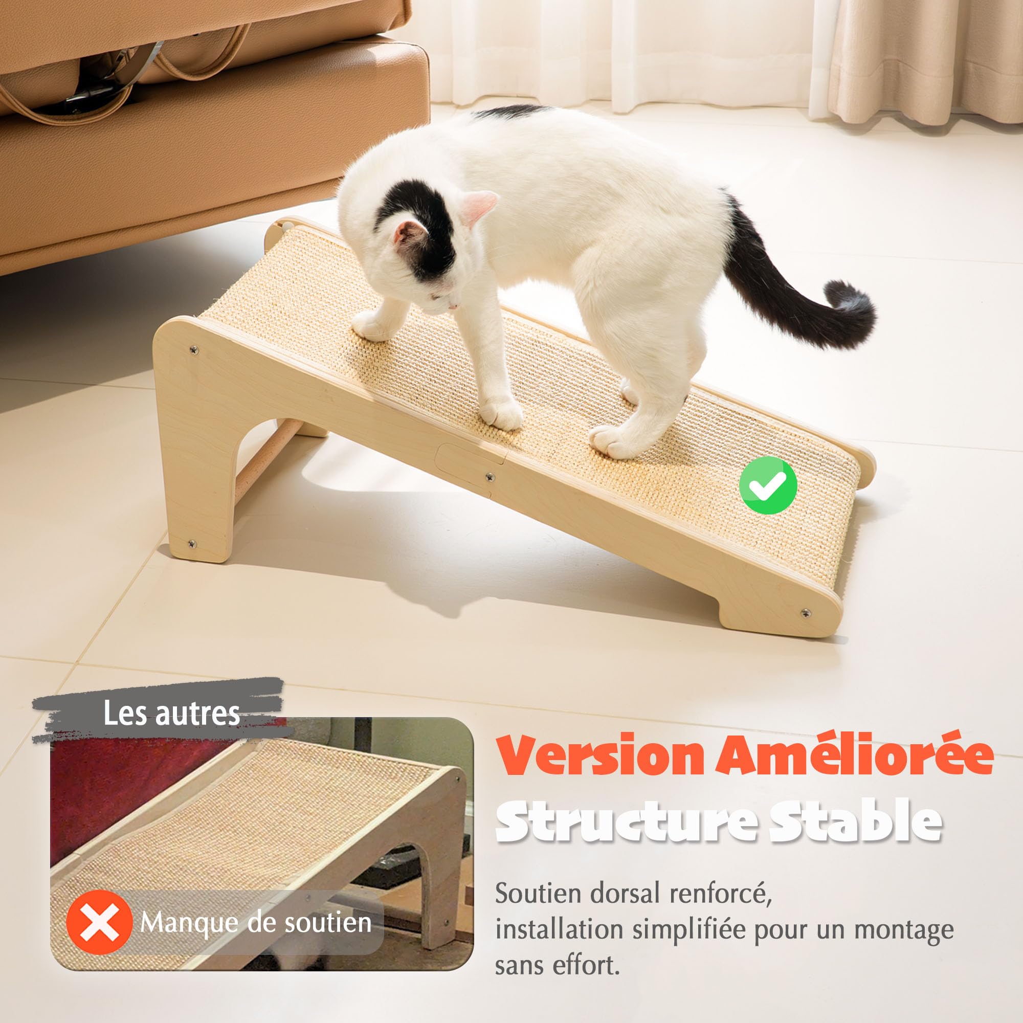PETKARAY Griffoir pour Chat en Forme de L, 64 cm, Poteau à Griffer en Sisal Naturel, Montage Mural ou au Sol, Protection de Meubles avec Herbe à Chat, Design Classique