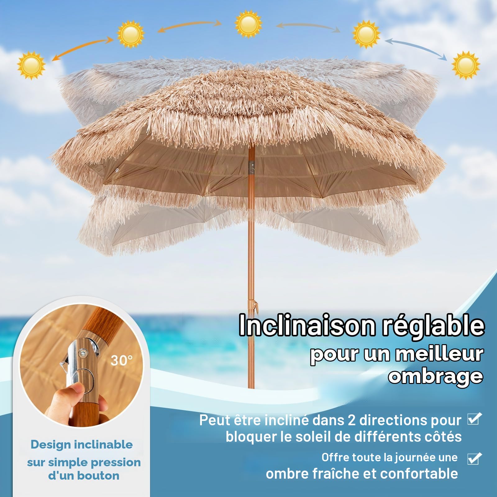 COSTWAY Parasol hawaïen en paille, UPF 50+, pliable à 30 °C, pour jardin, balcon, plage