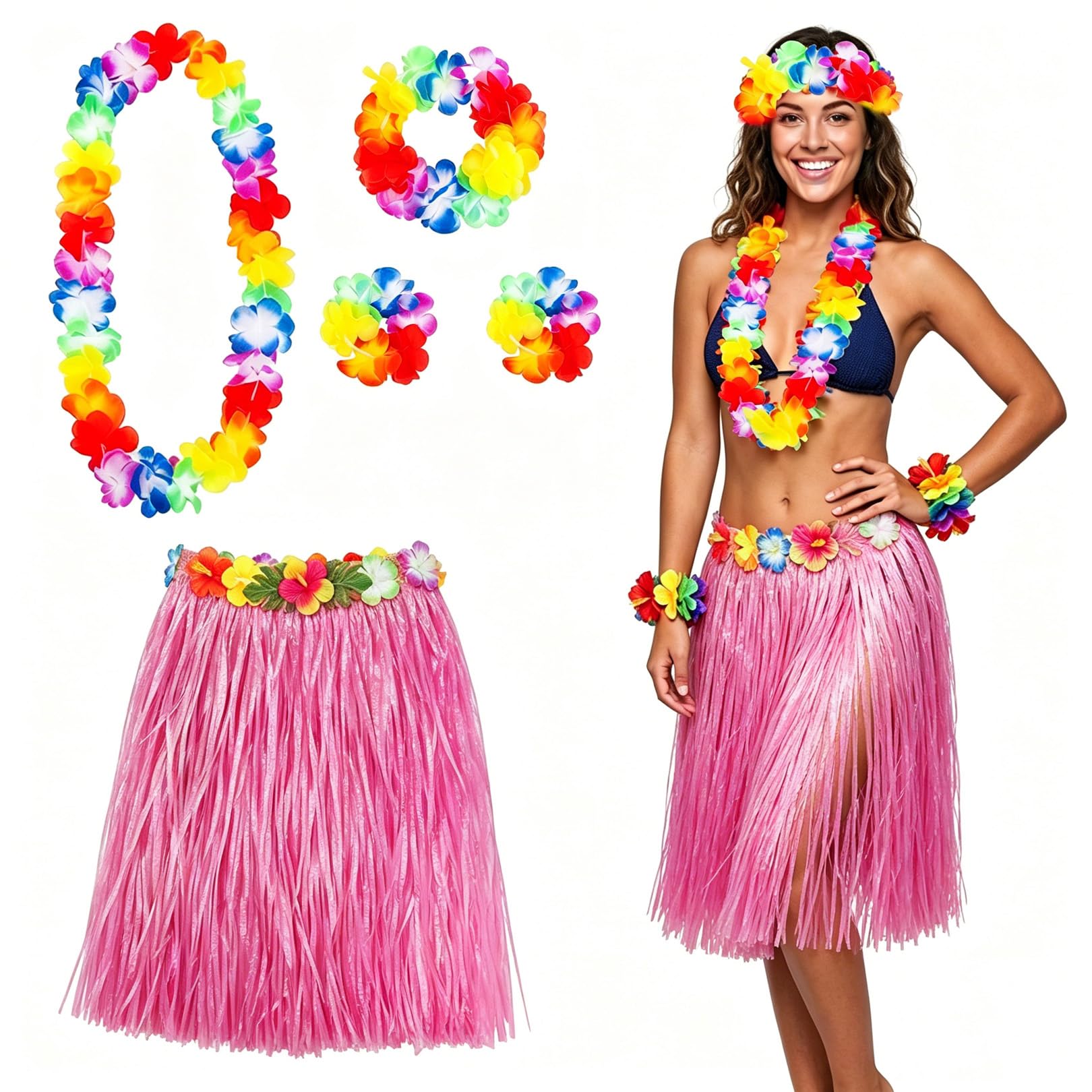 XURISON 5 PCS Hawaiian Hula Skirt Costume Set,Hawaiian Garland,Fancy Dress Grass Skirt Garlands Necklace for Adults Summer Beach Outfits (rose red)