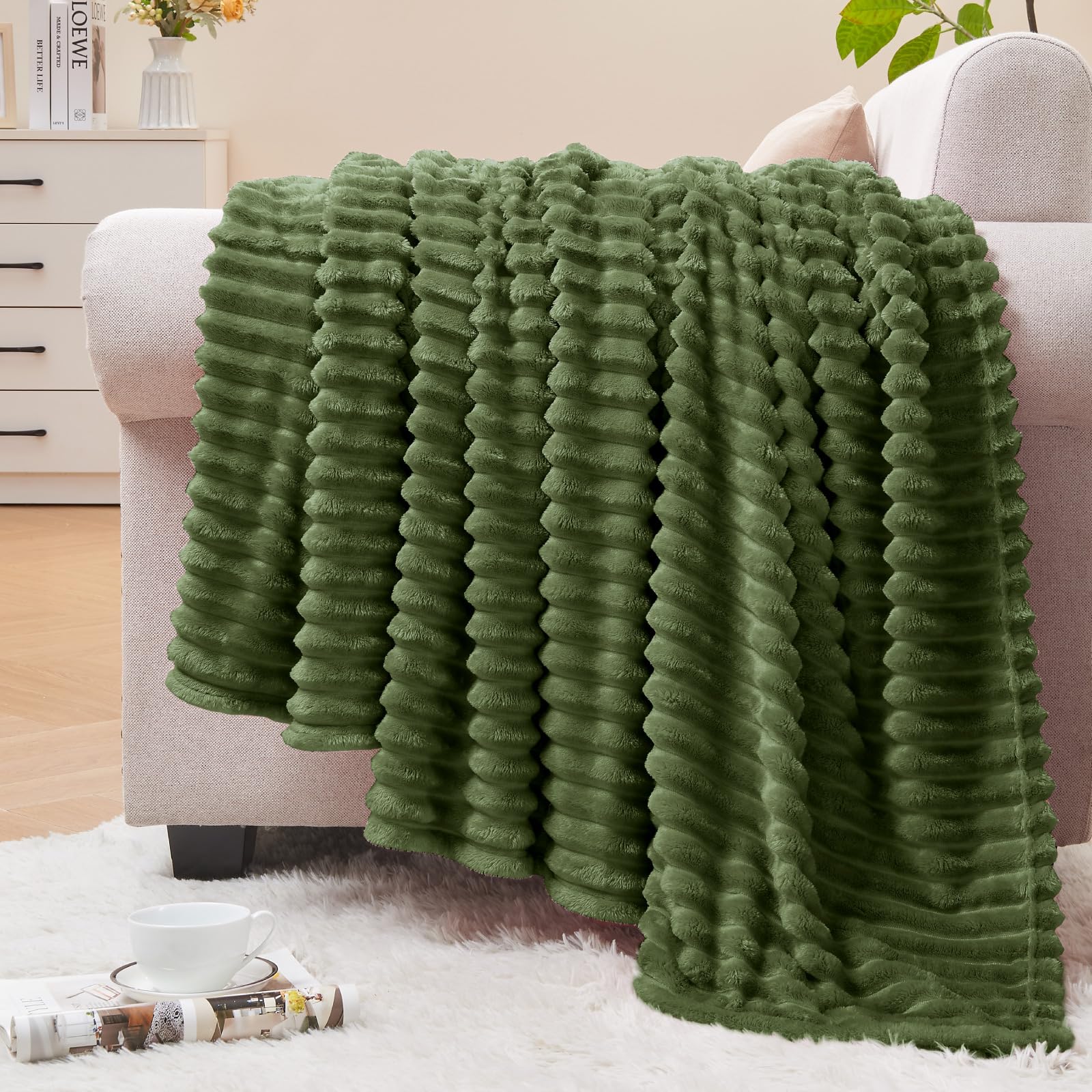BEDELITE Ribbed Moss Olive Green Fleece Throw Blanket for Couch, 50x60 Inch | Soft Warm Decorative Fluffy Blanket, Cozy Plush Lightweight Fuzzy Throw Blanket for Bed Sofa Home Room Decor, Gift for Women