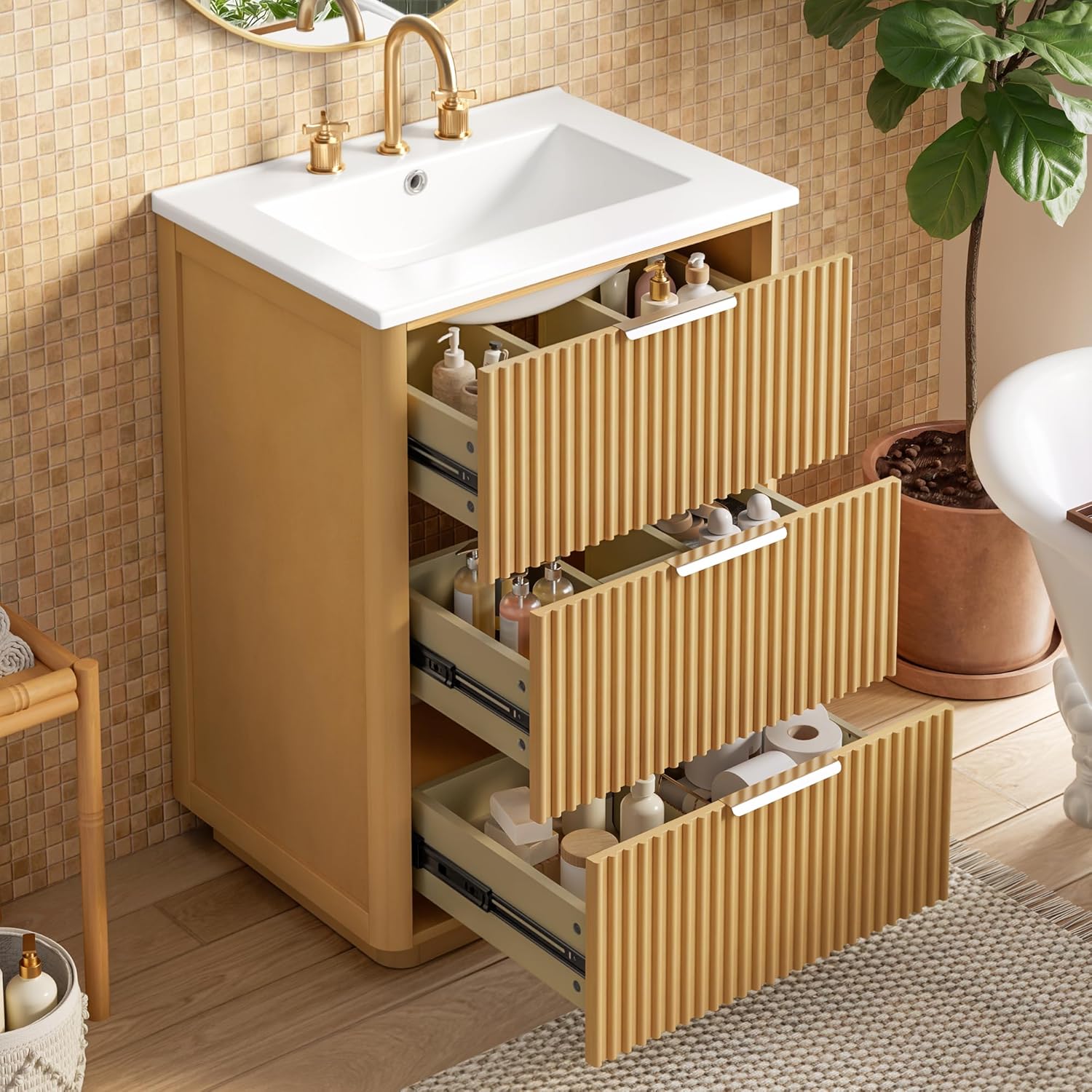 24 Fluted Bathroom Vanity with Ceramic Sink, Bathroom Storage Cabinet with Open Shelf and Closed Storage for Small Room, Easy Assembly & Cleaning, Natural Wood