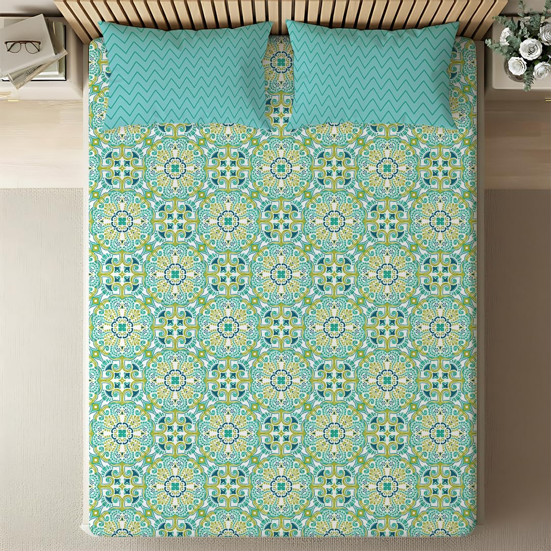 Livspace Cotton Super King Size Bedsheet for Double Bed | 108" x 108" | 144 TC Flat Cotton Bedsheet with 2 Pillow Covers, Soft & Breathable - Bello Pure Nest Collection (Teal) 1