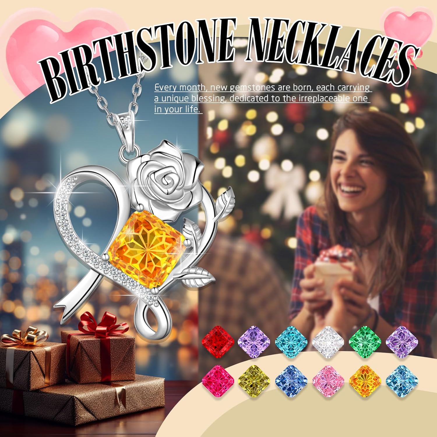 Aurora Tears Birthstone Love Heart Rose Pendant Necklace - 925 Sterling Silver Snowflake Cut Square Cubic Zirconia Ribbon Necklace Anniversary Birthday Jewelry Gift for Women Wife Mom Daughter - Image 6