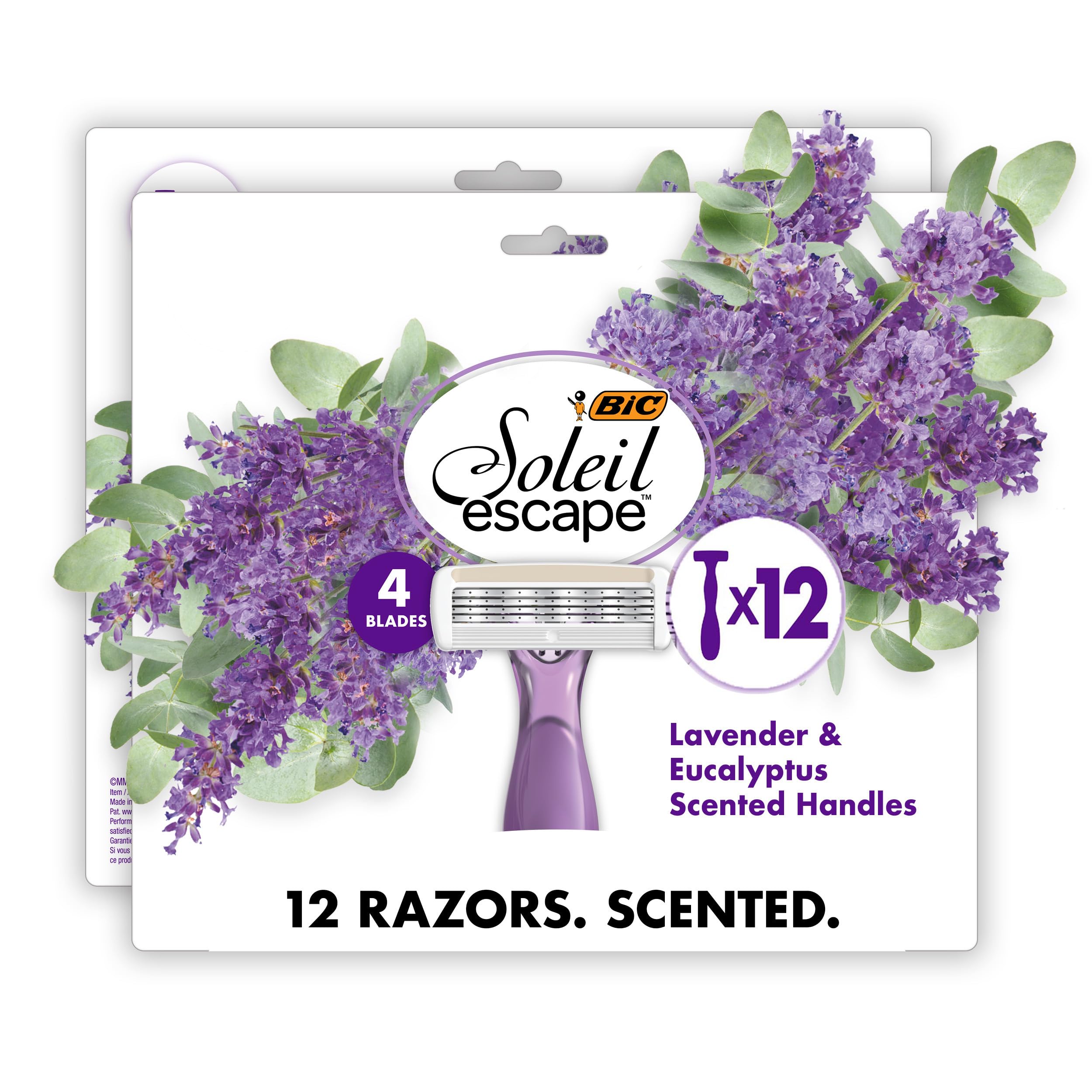 BIC Soleil 4 Escape Scented Women's Disposable Razors, 4 Blades, Comfortable Shave, Lavender & Eucalyptus Scented Handle Shaving Razors for Women, 12 Count