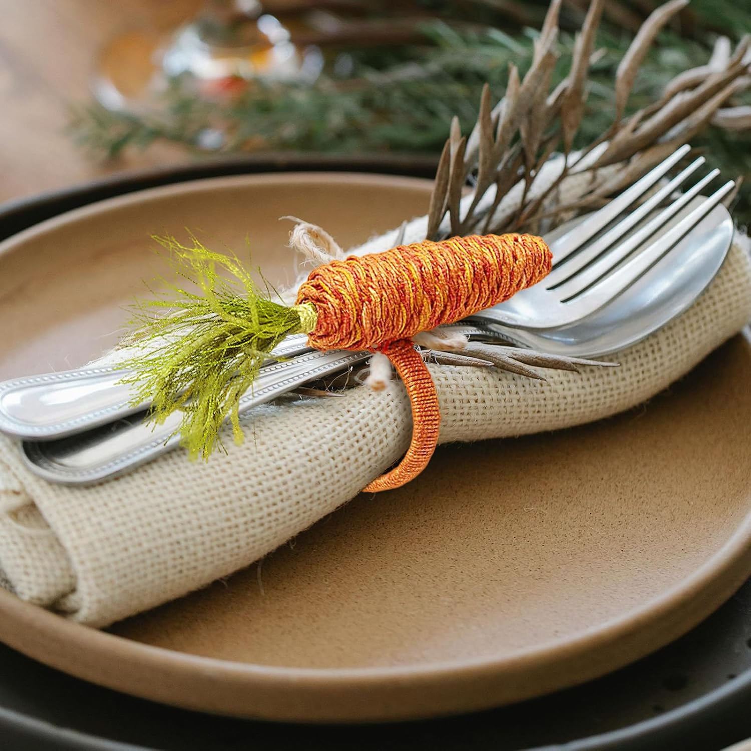 Easter Napkin Rings Set of 6, Burlap Bunny Carrot Napkin Holders Rings Rustic Rabbit Ear Napkin Holders for Cloth Napkins Spring Farmhouse Table Home Decorations (3pcs Bunny Ear+3pcs Carrot, One Size)