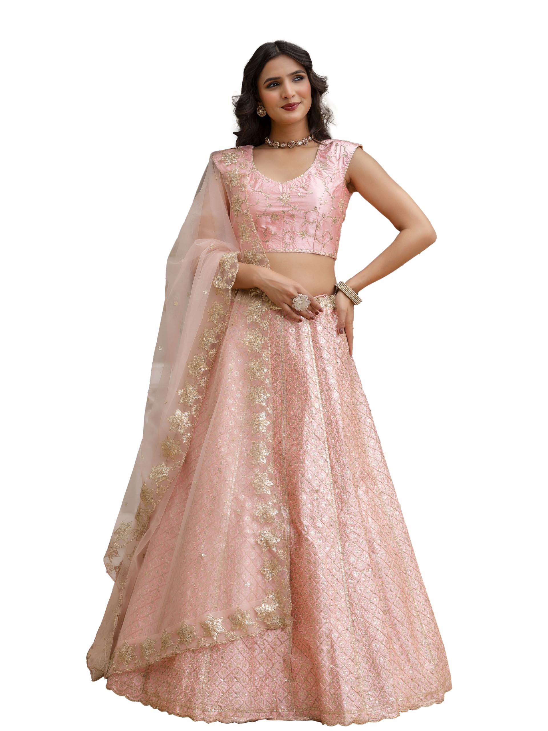 Women's Satin Embroidery Lehenga Choli with Dupatta (L259-Pink-Semi-Stitch)