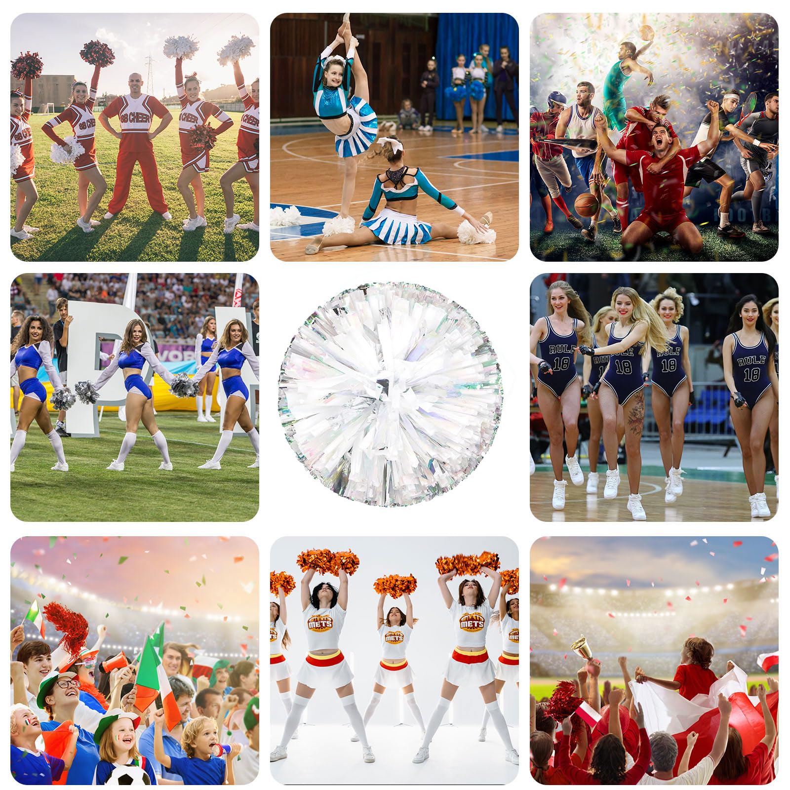 8 szt. pomponów Cheer, 34,7 cm pompony cheerleaderki z płatnością na cztery palce, pompony do tańca, zapałek (mieszane srebrne)