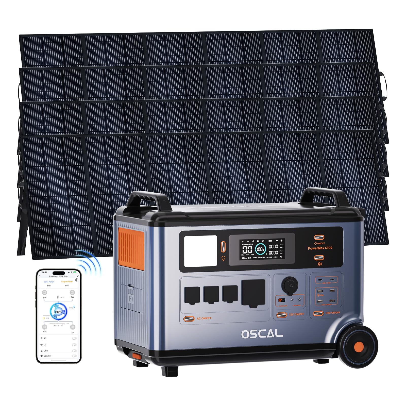 OSCAL 6000W Solar Generator with Solar Panels 4 500W 120V 240V Portable Power Station 3600Wh EV-Grade LiFePO Battery