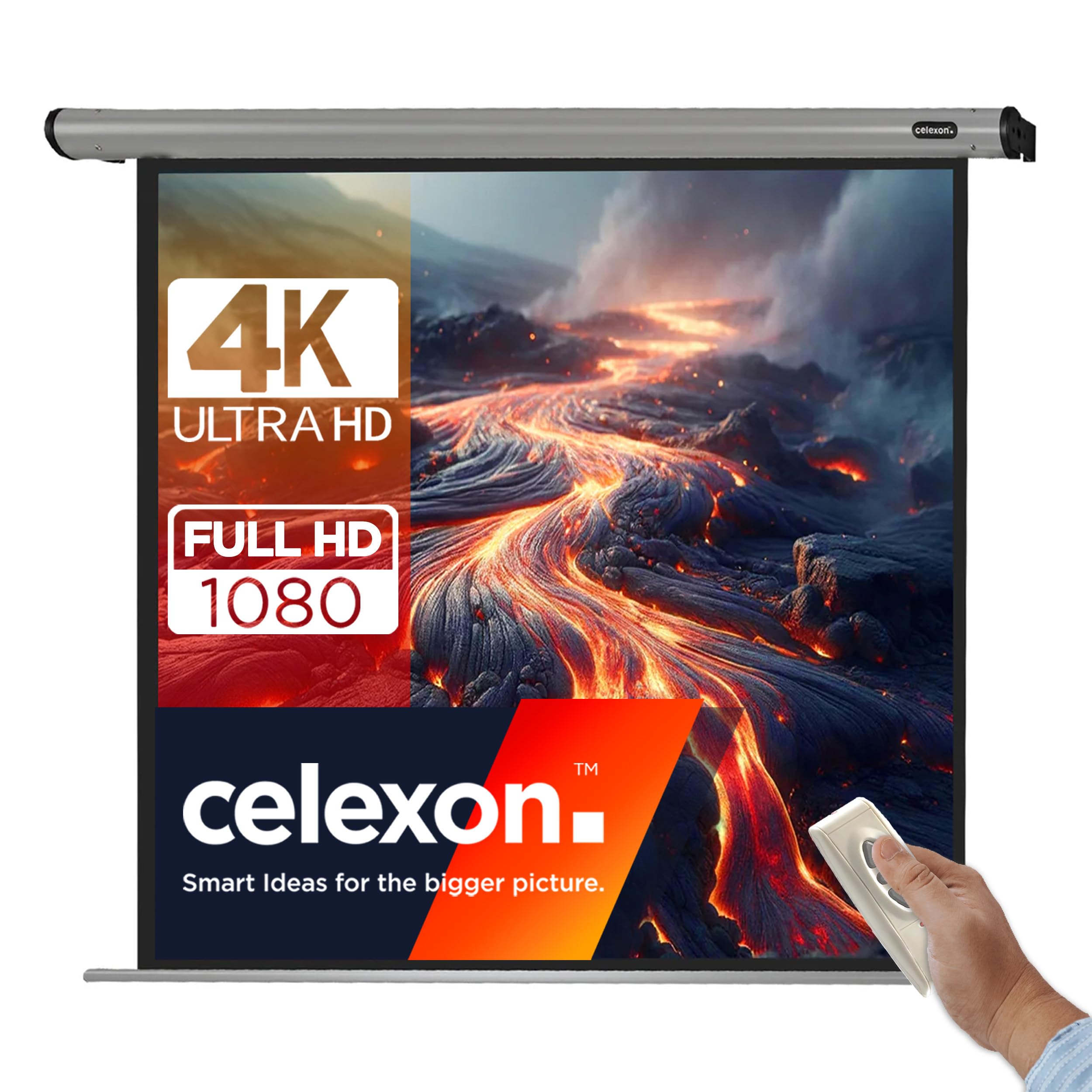 celexon HomeCinema Motor-Leinwand 100" | 220x124 cm 16:9 | elektrische 4K, Full-HD Beamerleinwand für Heimkino-Projektionen & Büro-Präsentationen | geeigent zur Decken- & Wand-Montage