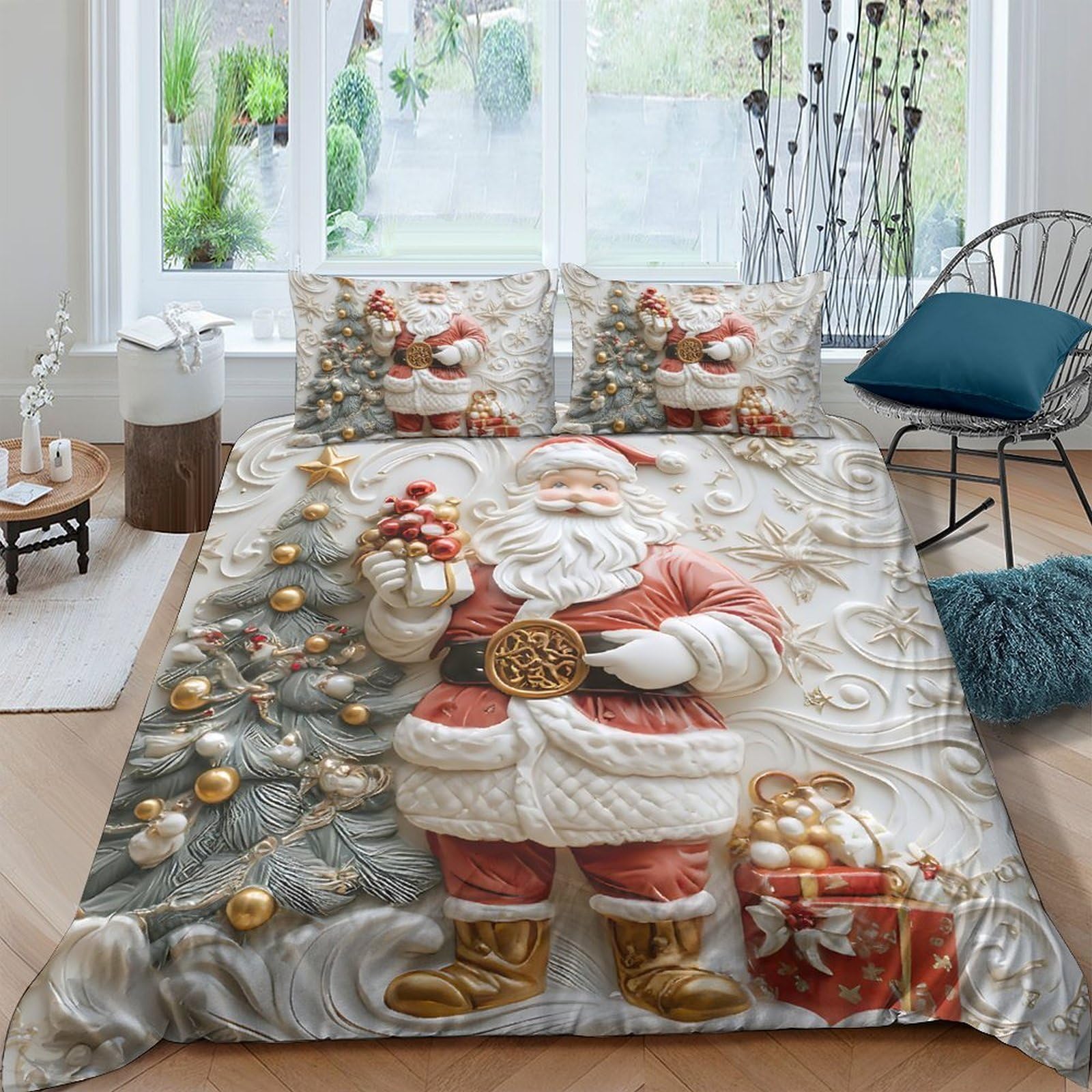 GPLZQXKJNH 3D Printed Christmas Santa Claus Duvet Cover Microfiber Soft Breathable Christmas Tree Bedding Set with 2 Pillowcases for Bedroom Decor 120x200cm Single（135x200cm）