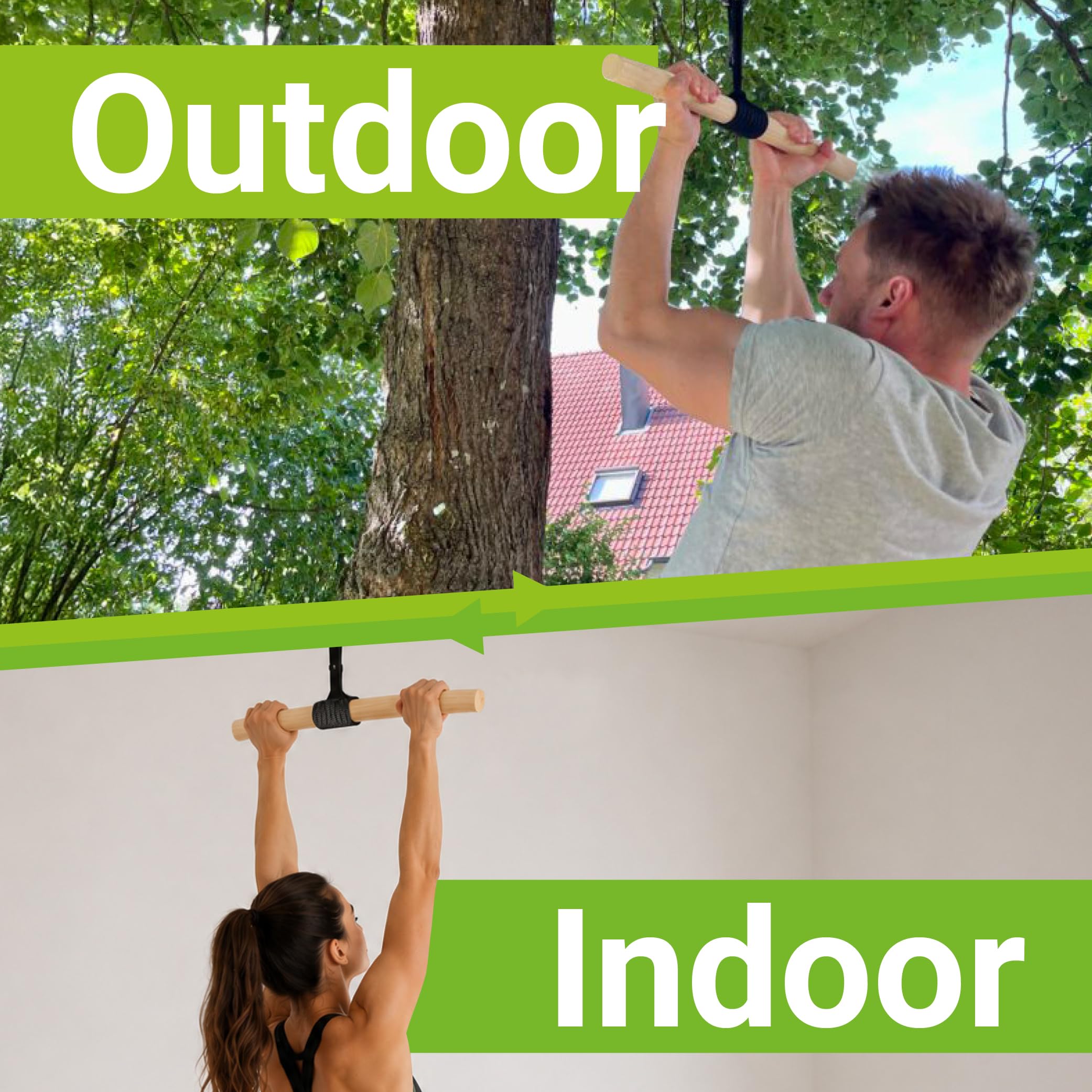 eaglefit - Premium Klimmzugstange aus Holz 60 cm - Ergonomisch gebogene Pull Up Bar für Decke, Balken, Garten, Baum - Reckstange Outdoor & Indoor für Klimmzüge, Verstellbar zum Aufhängen inkl. Zubehör