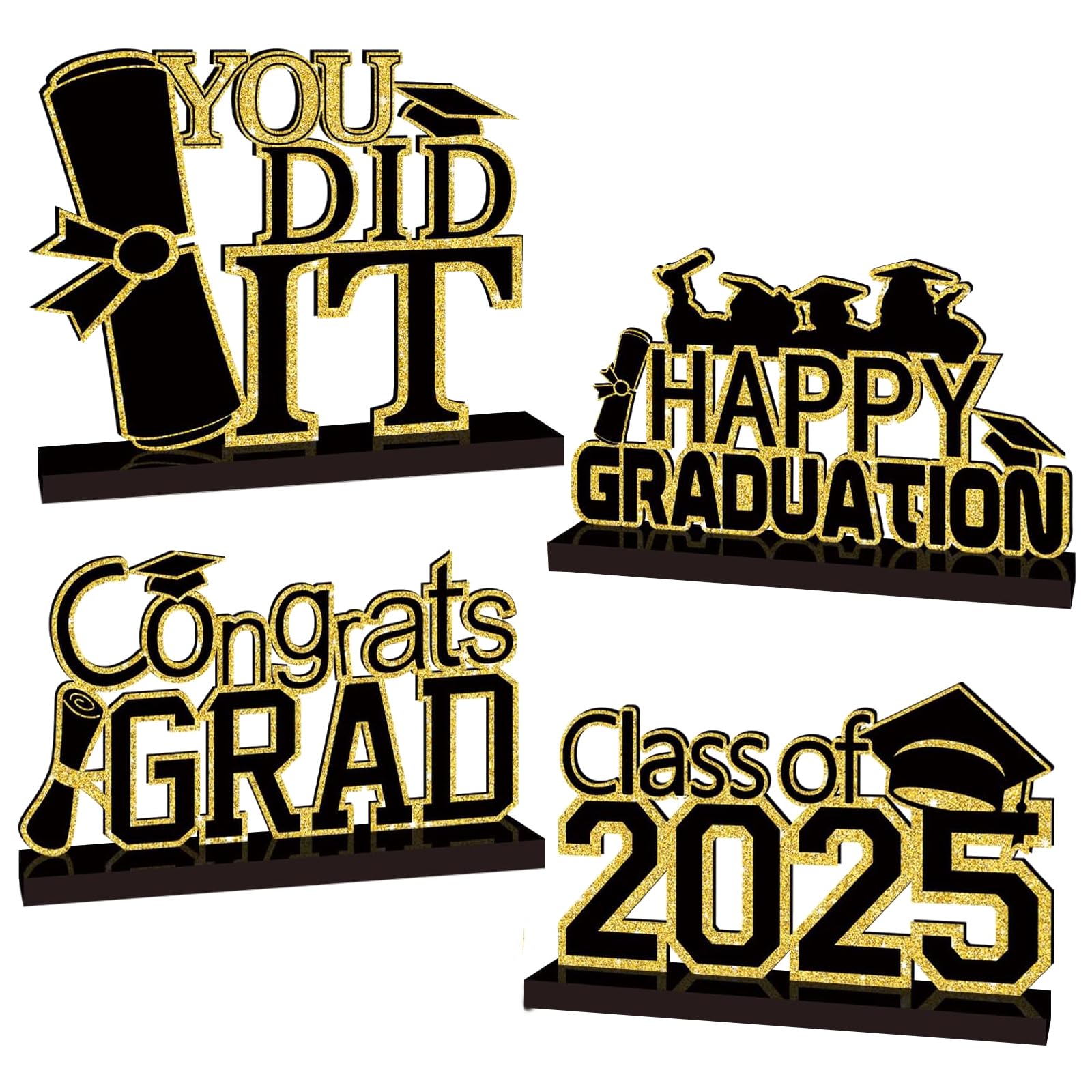 4Pcs Graduation Decorations Class of 2025 Congrats Grad Wooden Table Centerpieces Grad Table Toppers Congratulate Tiered Tray Decor You Did It Graduation Party Decorations 2025 (Black and gold)