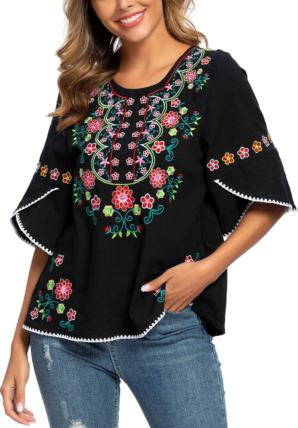 Mexican Shirts Peasant Blouses for Women Cotton Embroidered Blouses Fiesta Summer Bohemian Shirts 3/4 Sleeves