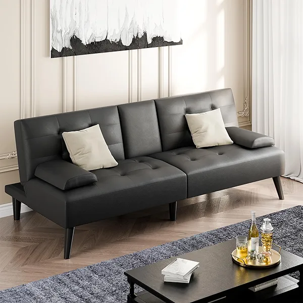 Shintenchi Futon Sofa Bed, Leather Foldable Couch, Reclining Sleeper w/Removable Armrests, Upholstered Loveseat w/Folding Cup Holders for Home, Office, Black