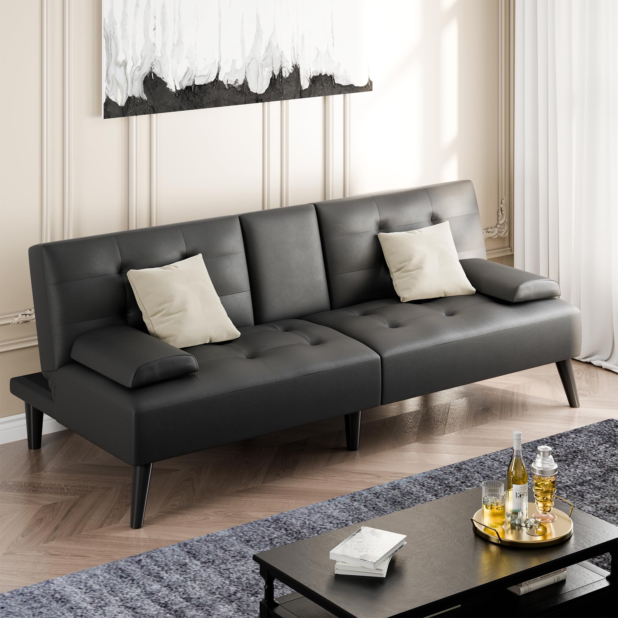 Shintenchi Futon Sofa Bed, Leather Foldable Futon Couch, Reclining Sleeper with Removable Armrests, Upholstered Loveseat Sofa Couch with Folding Cup Holders for Home, Office(Black)