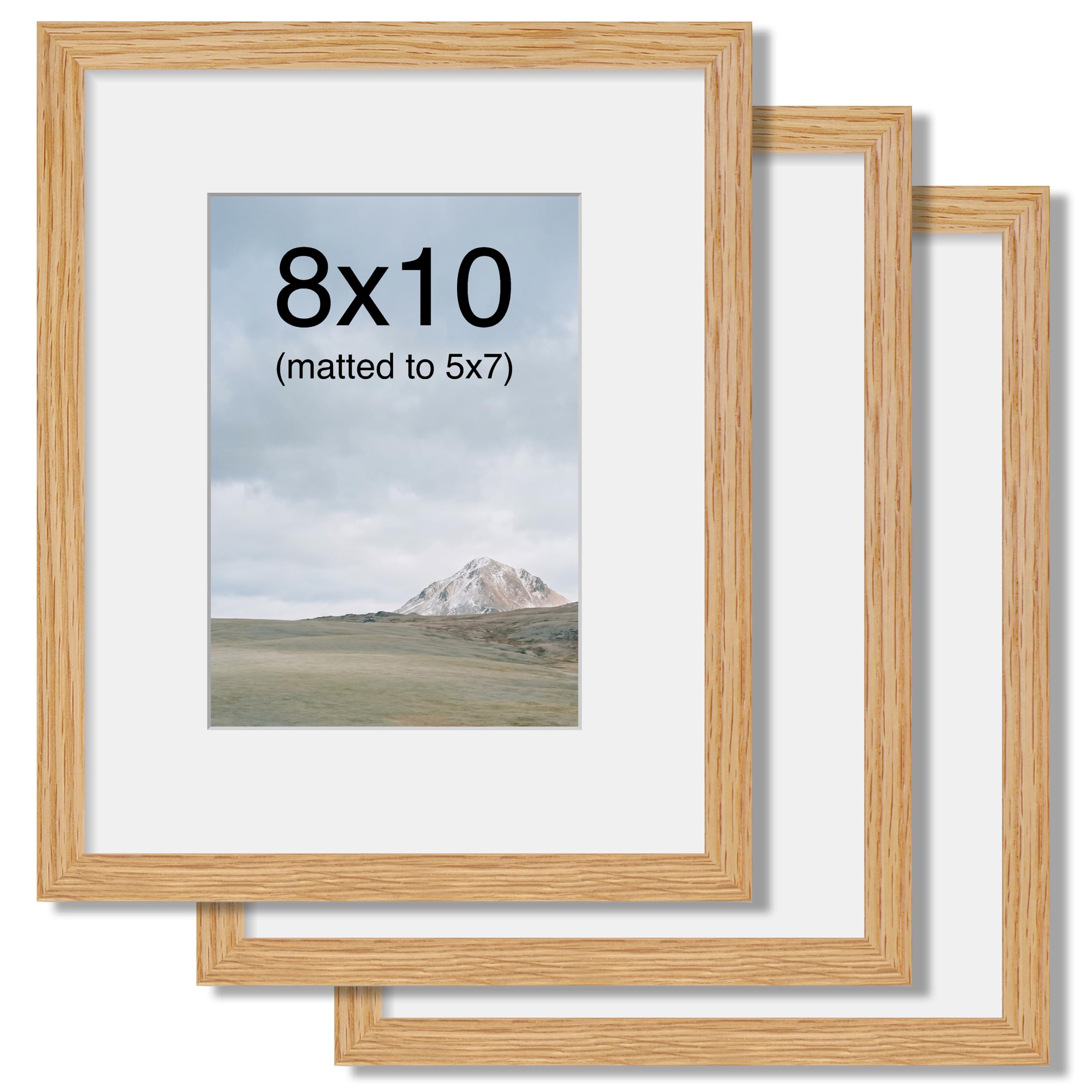 10x8 Photo Frames, 3 Pack, Solid Oak Wood, Mat fits 7x5, Tabletop & Wall
