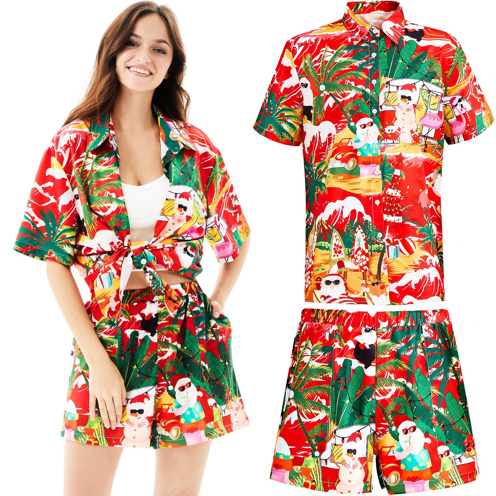 Jeere 2 Pcs Christmas Hawaiian Shirt for Women Short Sleeves Shorts Christmas in Summer Santa Button Down Shirt Beach Dress(Red,Large)