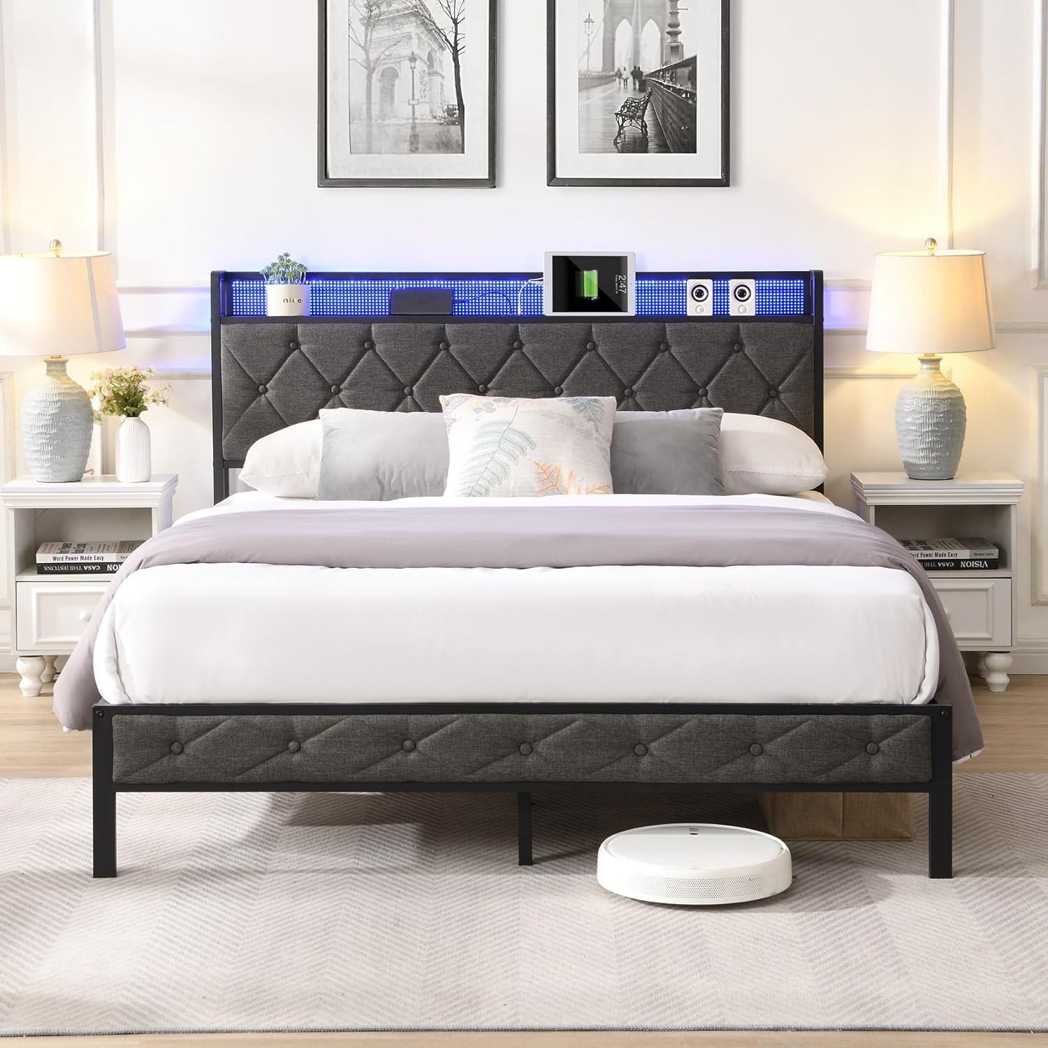 Full Size Bed Frame with Upholstered Headboard, LED Bed Frame with Charging Station, RGB LED Lights by APP or Remote Control, Noise-Free Heavy Duty Metal Slats, No Box Spring Needed