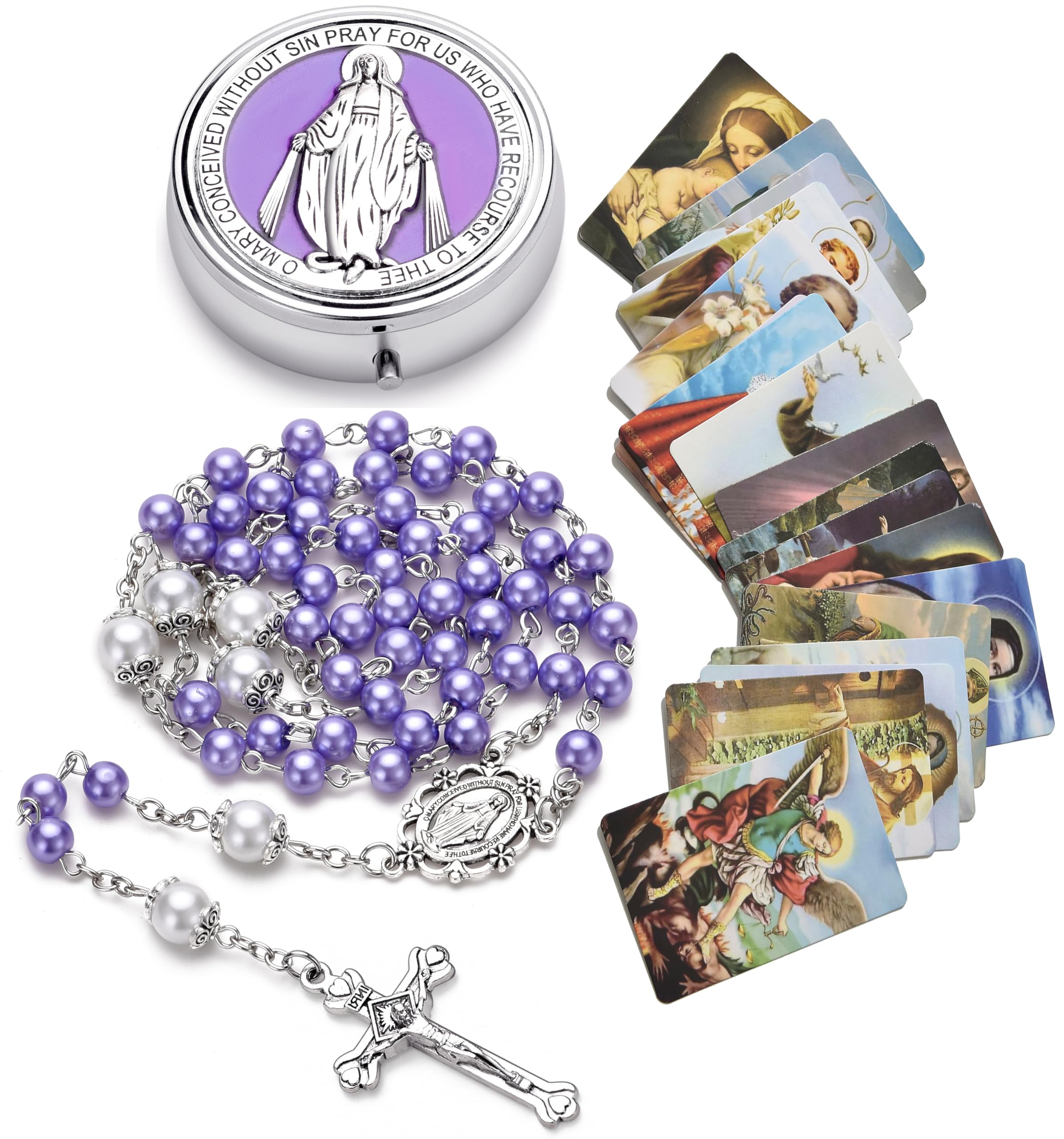 Rosary for Women with Case and 18pcs Prayer Cards, First Communion Gifts for Girls, Glass Pearl Beads and Virgin Mary Medal, Catholic Gifts Purple
