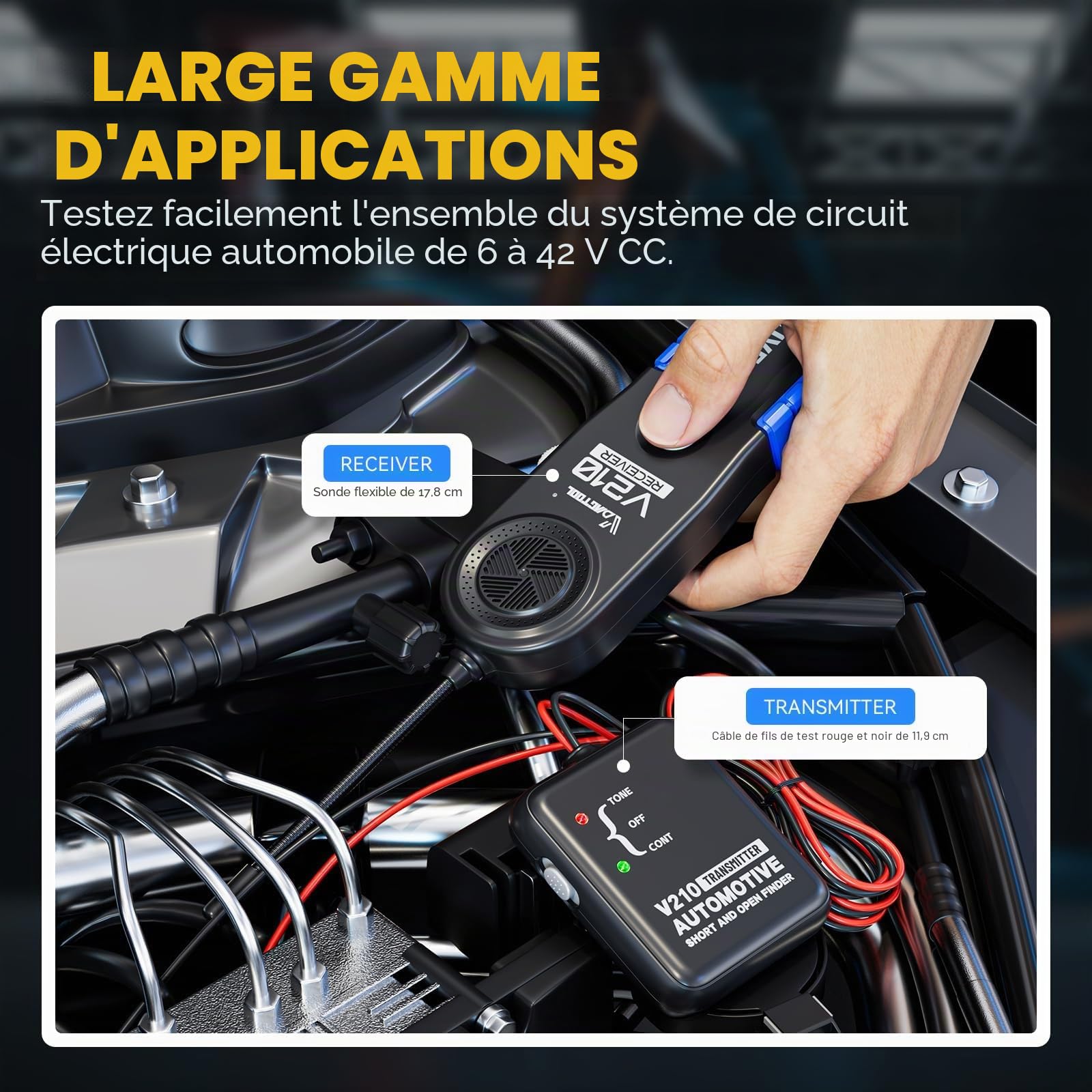 VDIAGTOOL V210 Traceur de Cables Electriques, Outil Detecteur De Fil Coupe Voiture 6-42V DC, Testeur de Circuit Ouvert et Court-circuit, Localisateur de câble et Disjoncteur électrique Automobile