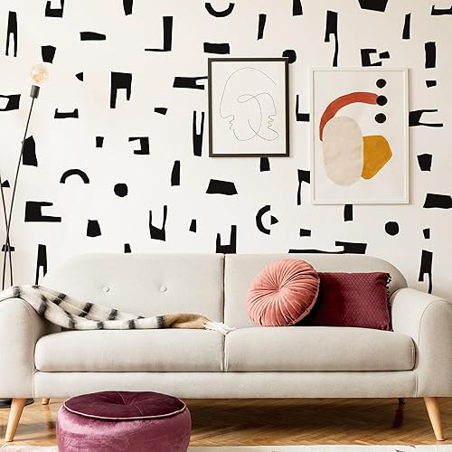 Vista 27 de Adhesivos de pared de vinilo de línea geométrica negra, despegar y pegar, líneas geométricas de Memphis Group, flecha, puntos, círculo, calcomanías