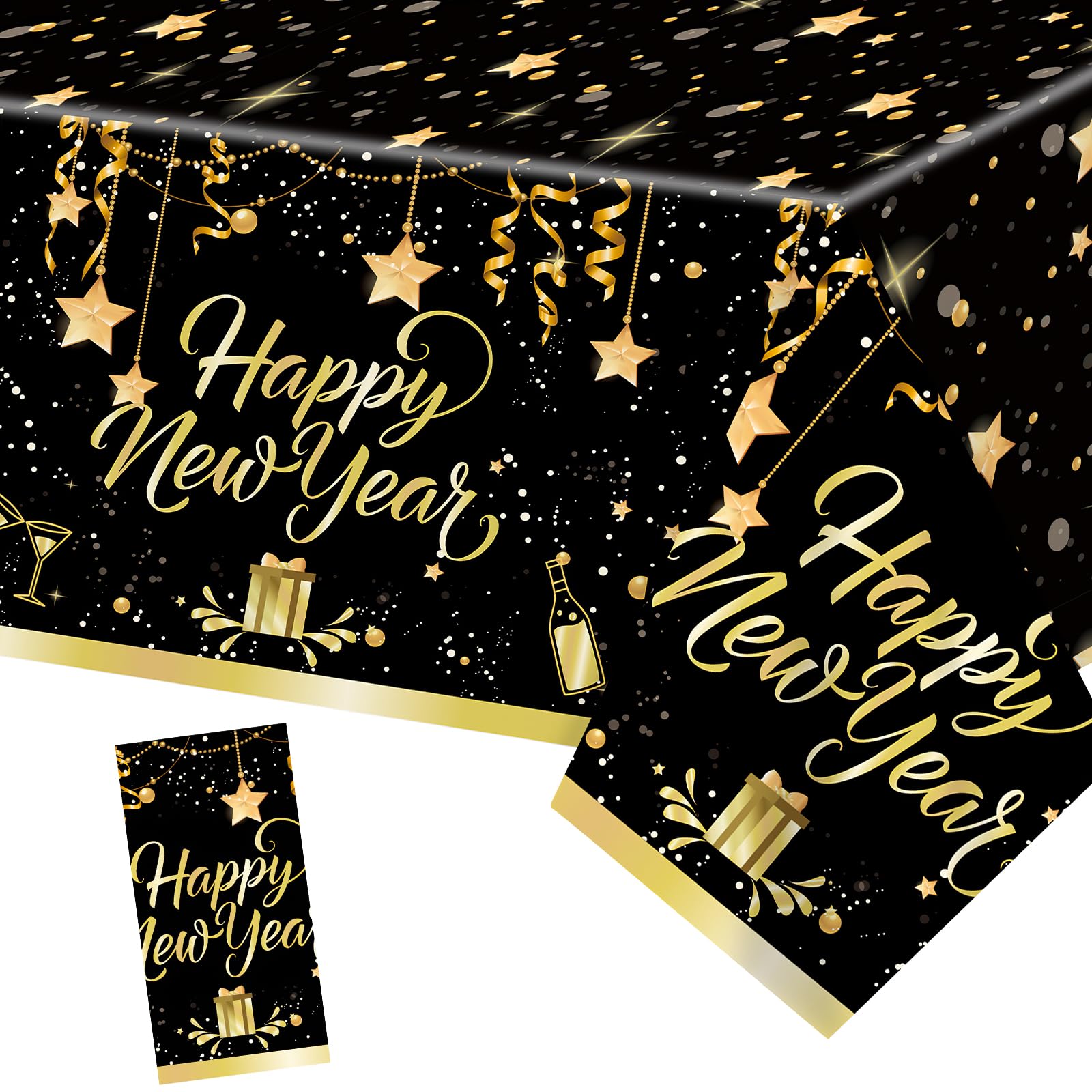 Wlleoaa Black And Gold Happy New Year Eve Tablecloth Plastic Table Cover, Happy New Year Table Cloth, New Years Eve Decorations, Party Tablecloths, For Graduation Anniversary Birthday New Year Party Decor