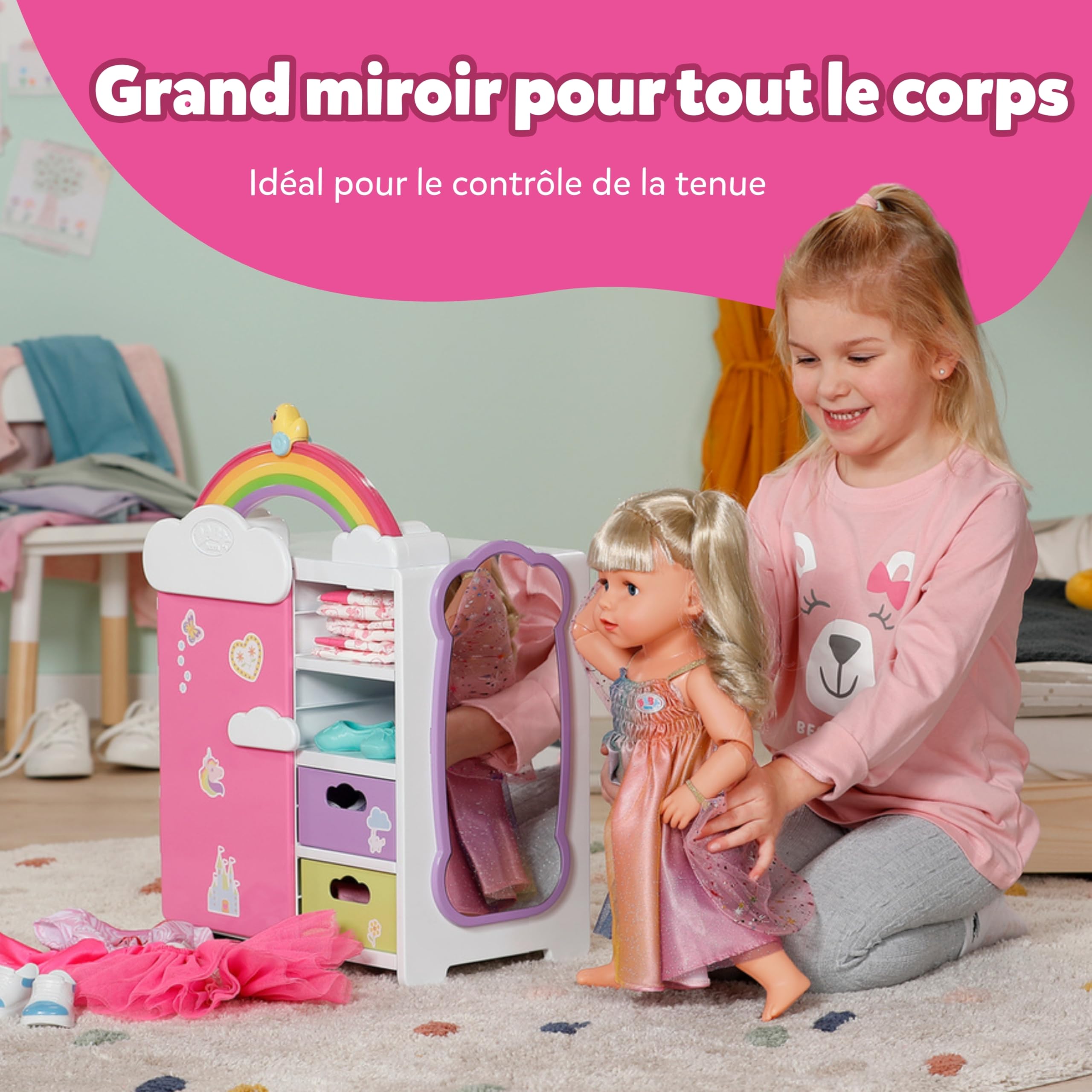 BABY born Armoire Arc-en-Ciel - Rangement pour Les vêtements de la poupée - avec Arc-en-Ciel & Sons - Accessoires de la poupée y Compris Les tiroirs à Chaussures, Les cintres & Les Autocollants